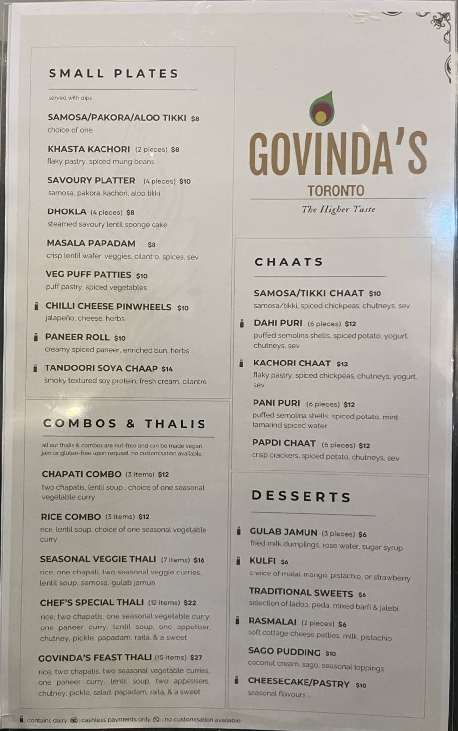 Govinda's меню