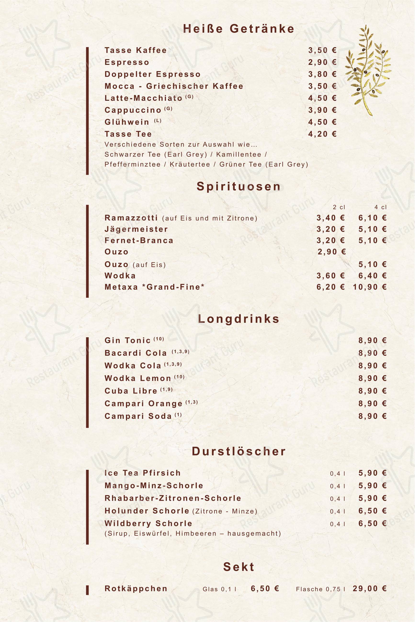Меню ресторана Griechisches Restaurant Platon - Меню
