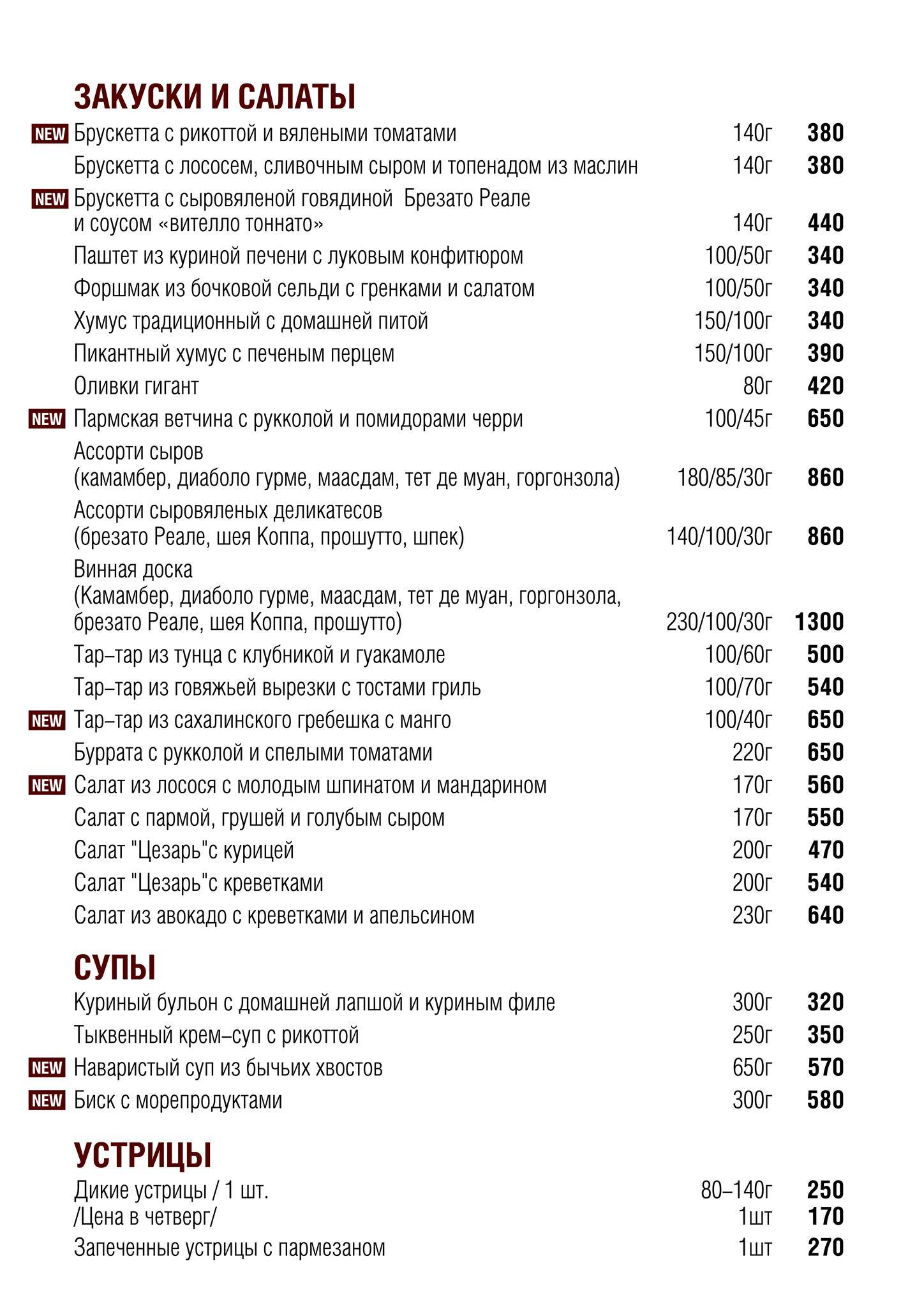 By the Wine, Винный бар меню