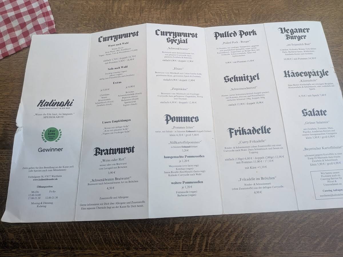 Kalinski Wurstwirtschaft Wertheim меню