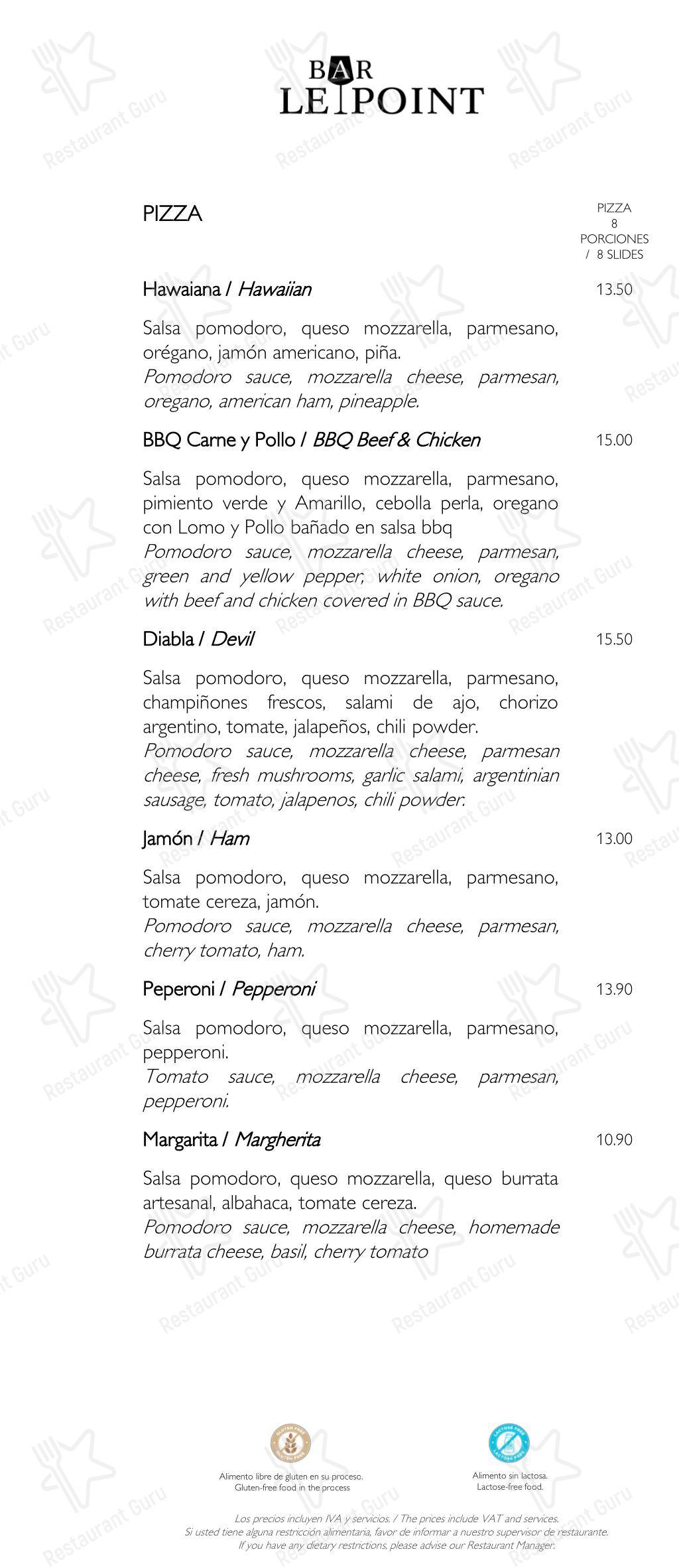 Меню паба и бара Le Point