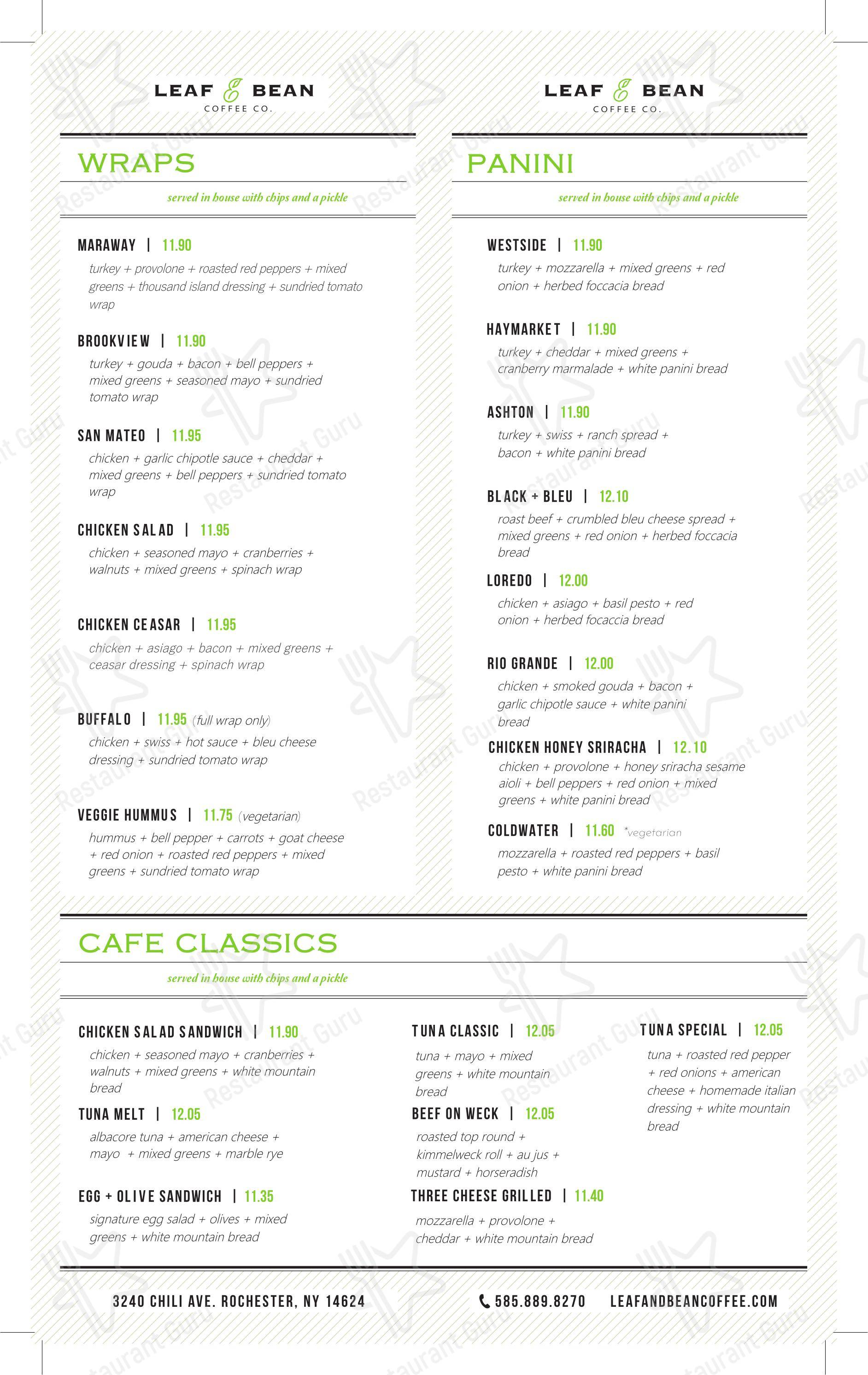 菜单 кафе Leaf & Bean Coffee Co в Рочестере