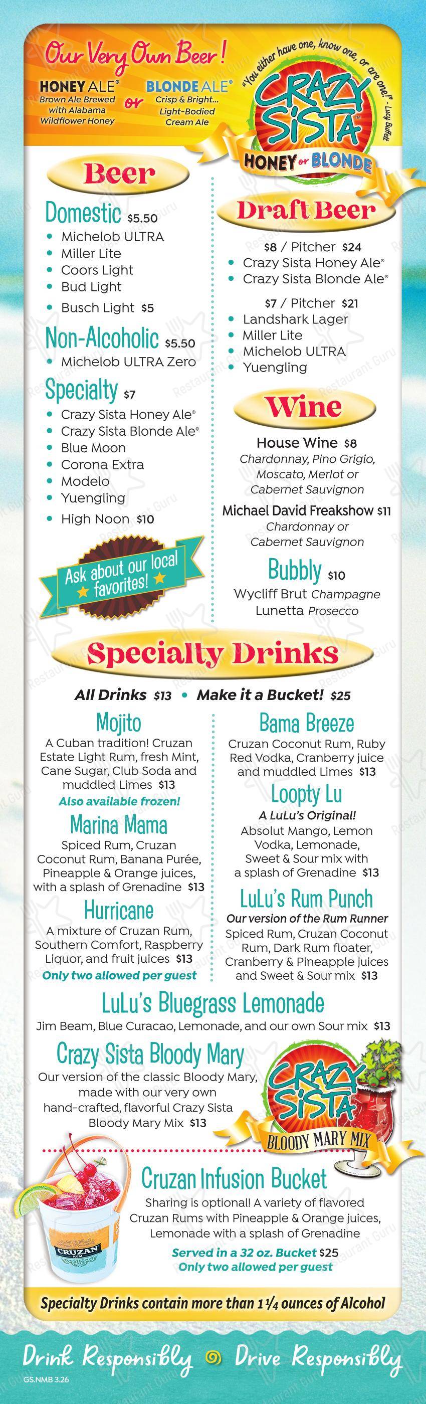 Меню напитков ресторана LuLu's Gulf Shores