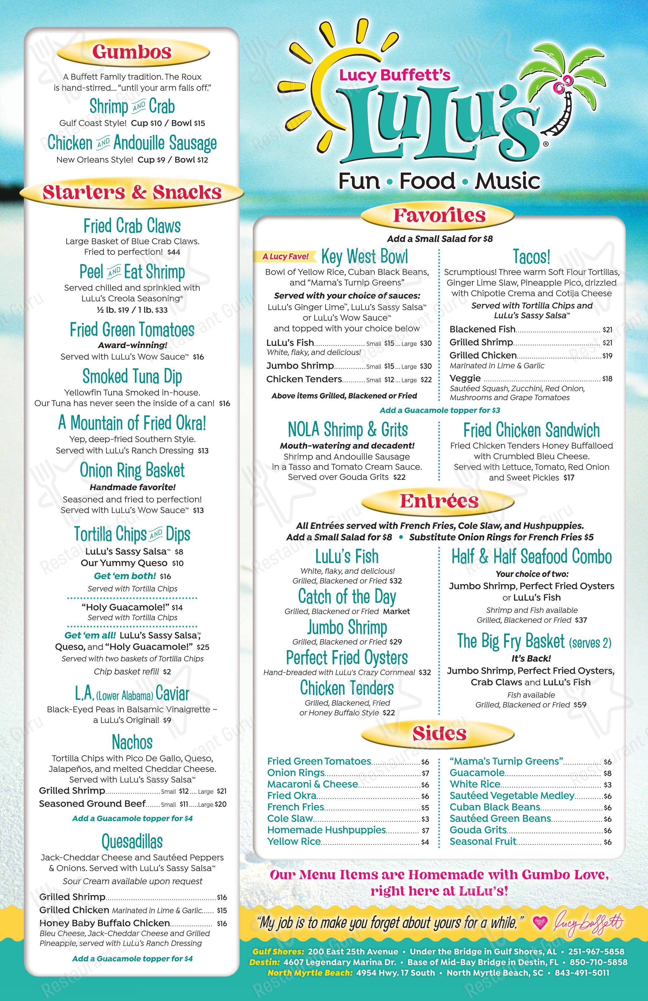 Меню напитков ресторана LuLu's Gulf Shores в Галфе Шорс