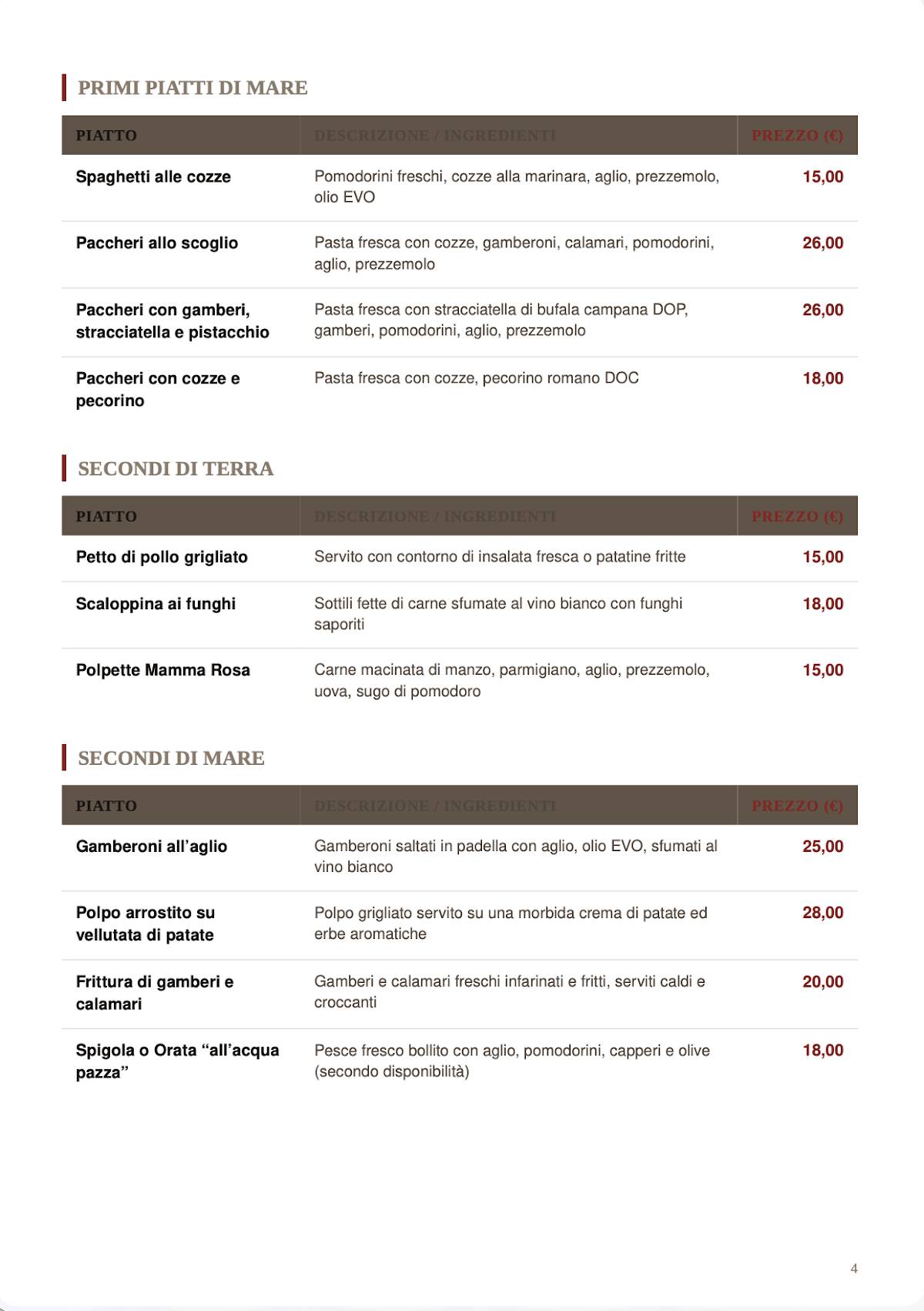 Mamma Rosa Ipsos — Ristorante Pizzeria Napoletana e cucina меню