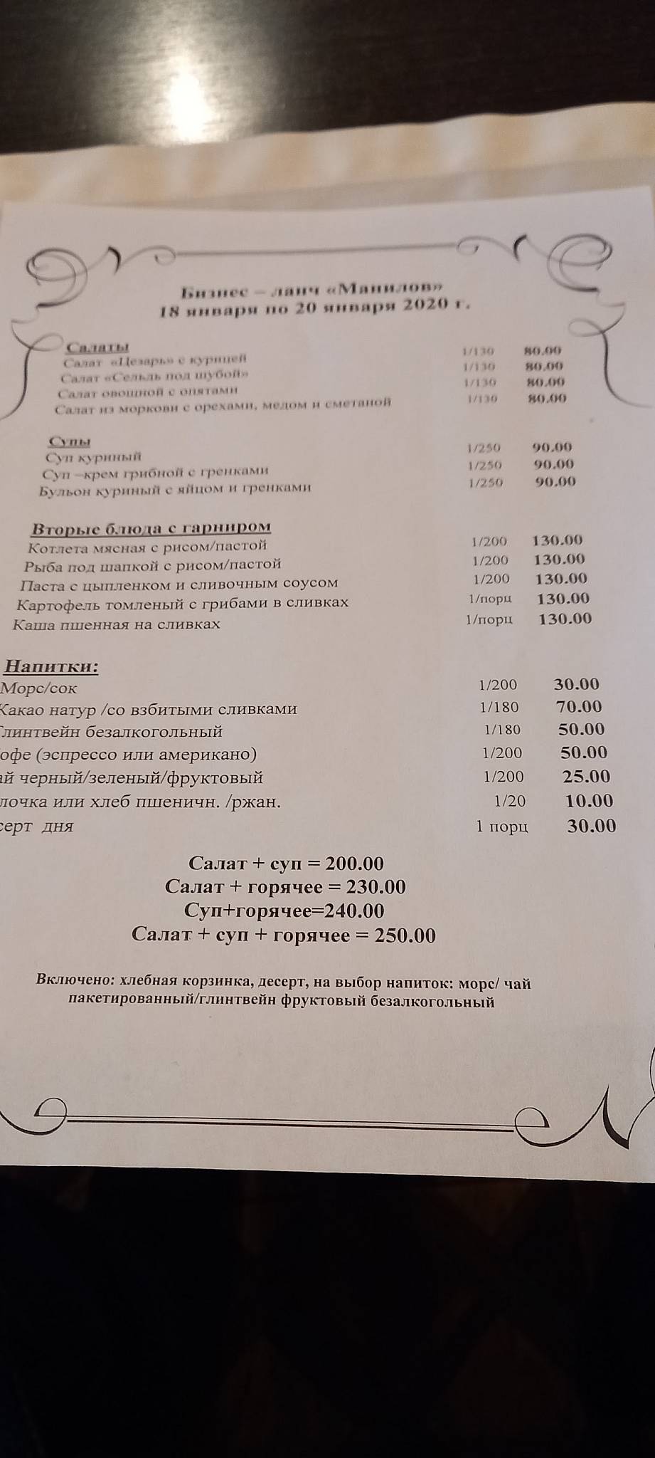 Манилов меню