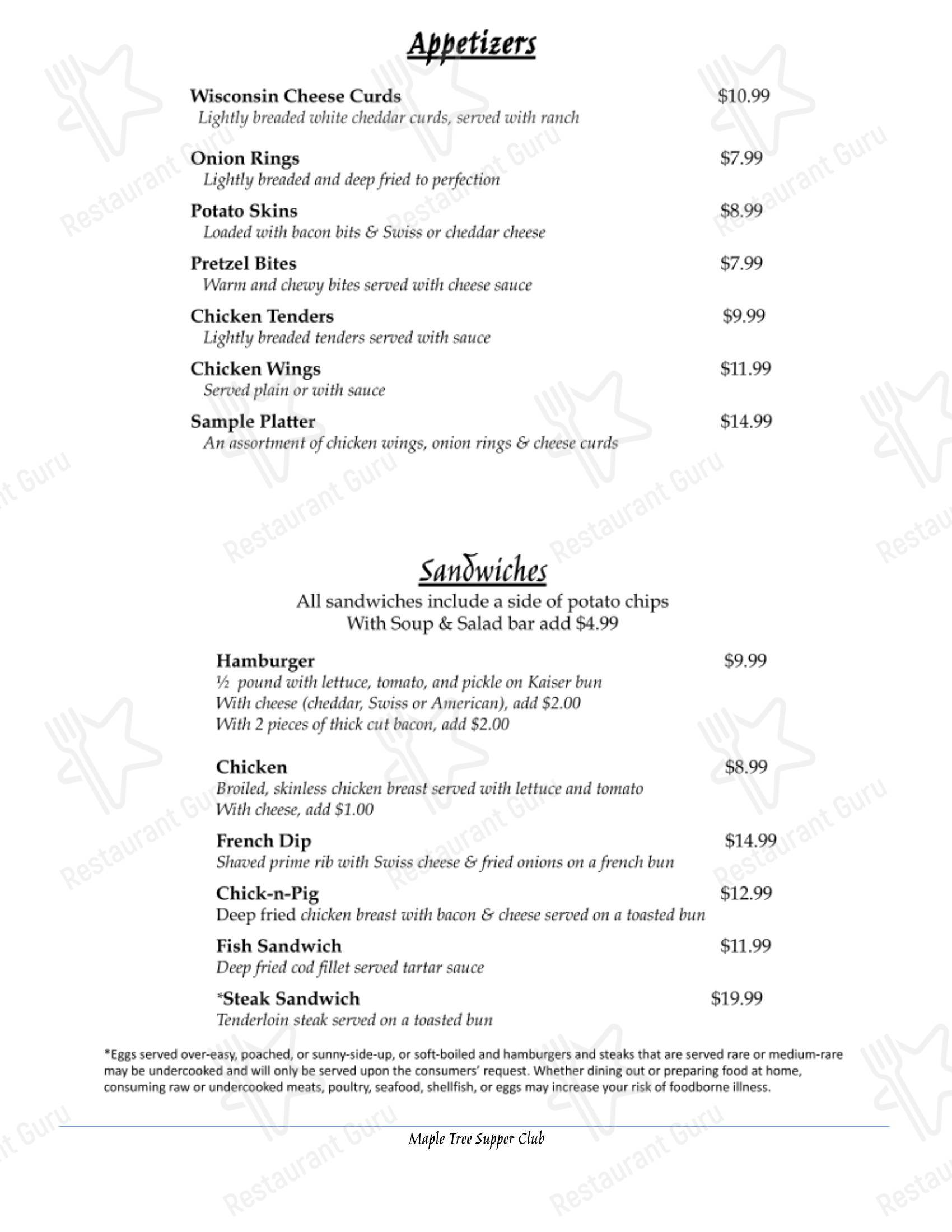 Меню клуба Maple Tree Supper Club в Маке-Фарленде