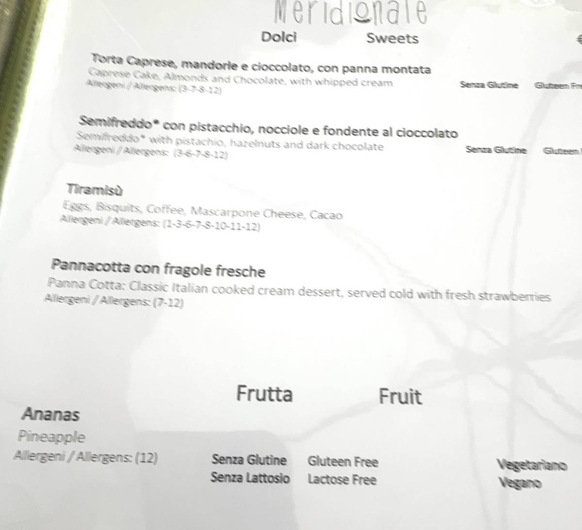 Meridionale Restaurant меню