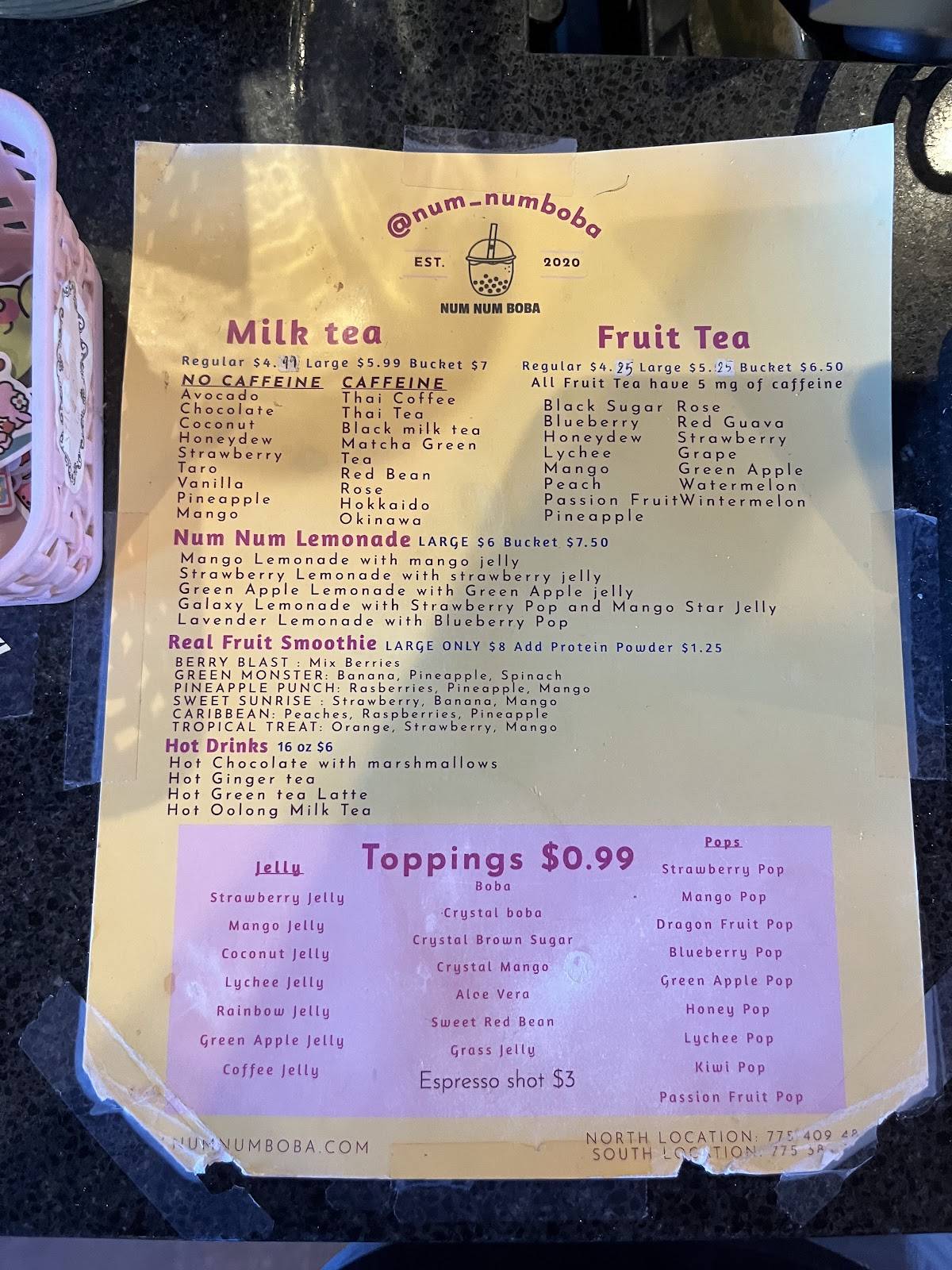 NUM NUM BOBA меню