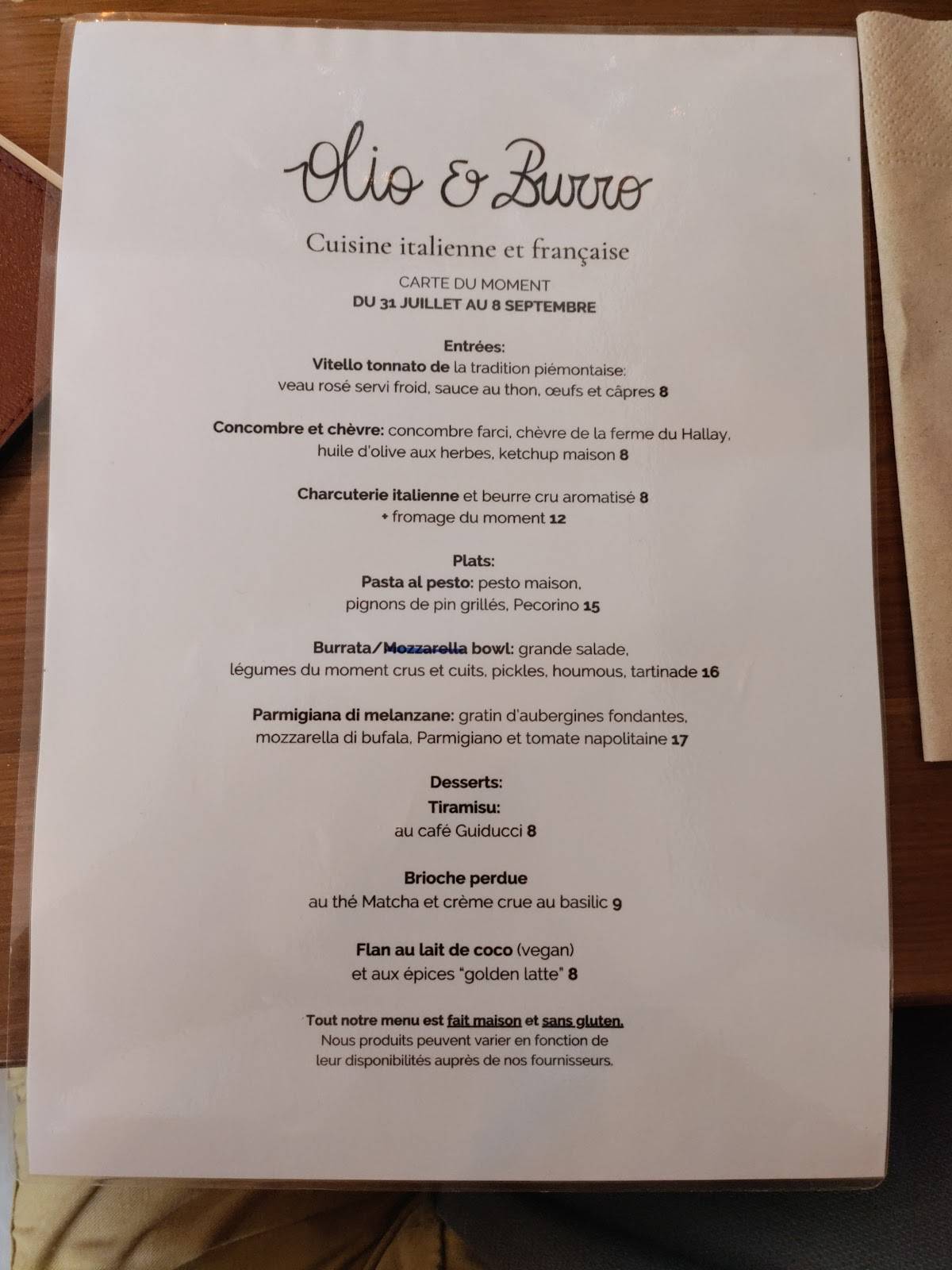 Olio e Burro меню