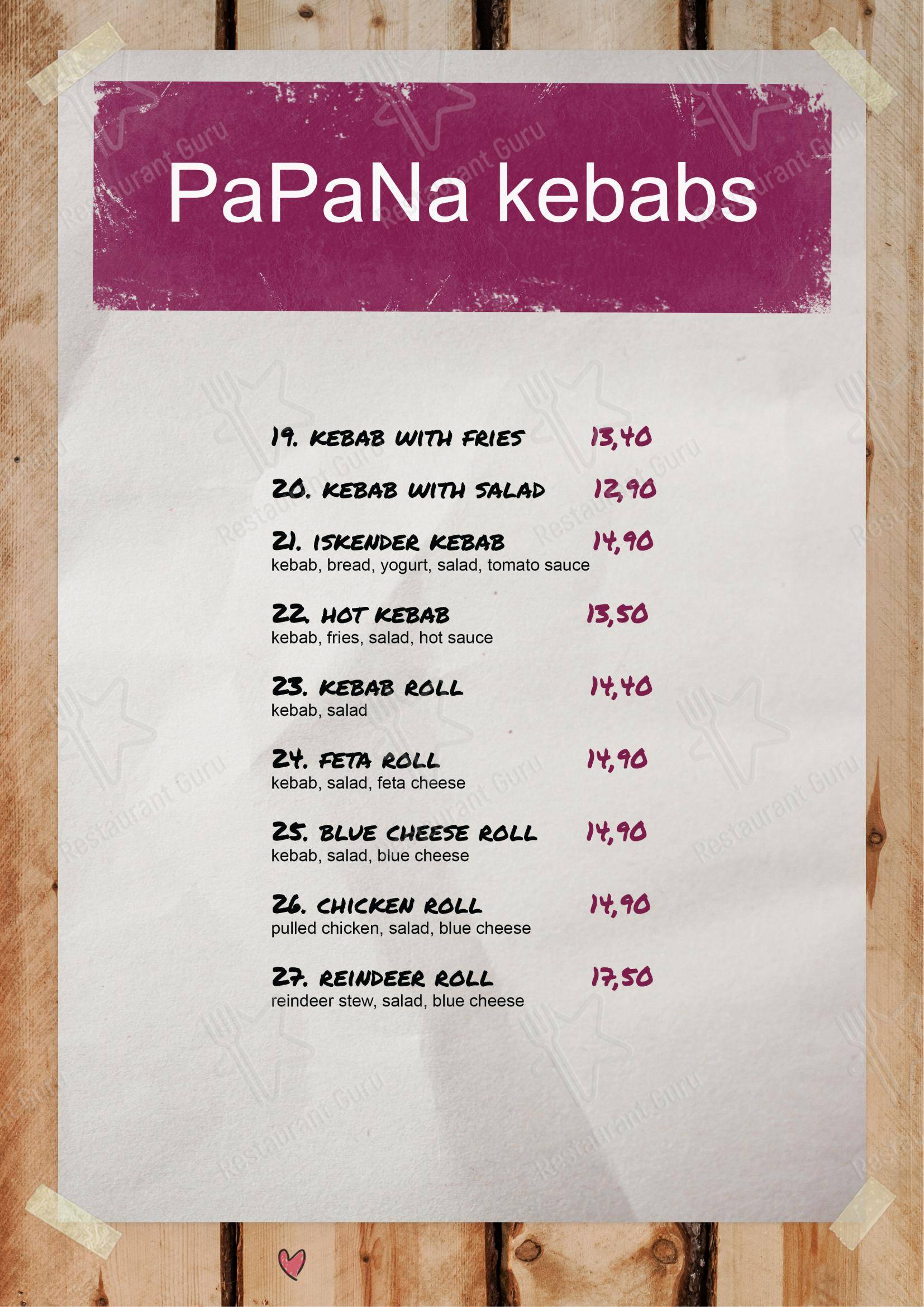Меню паба и бара PaPaNa