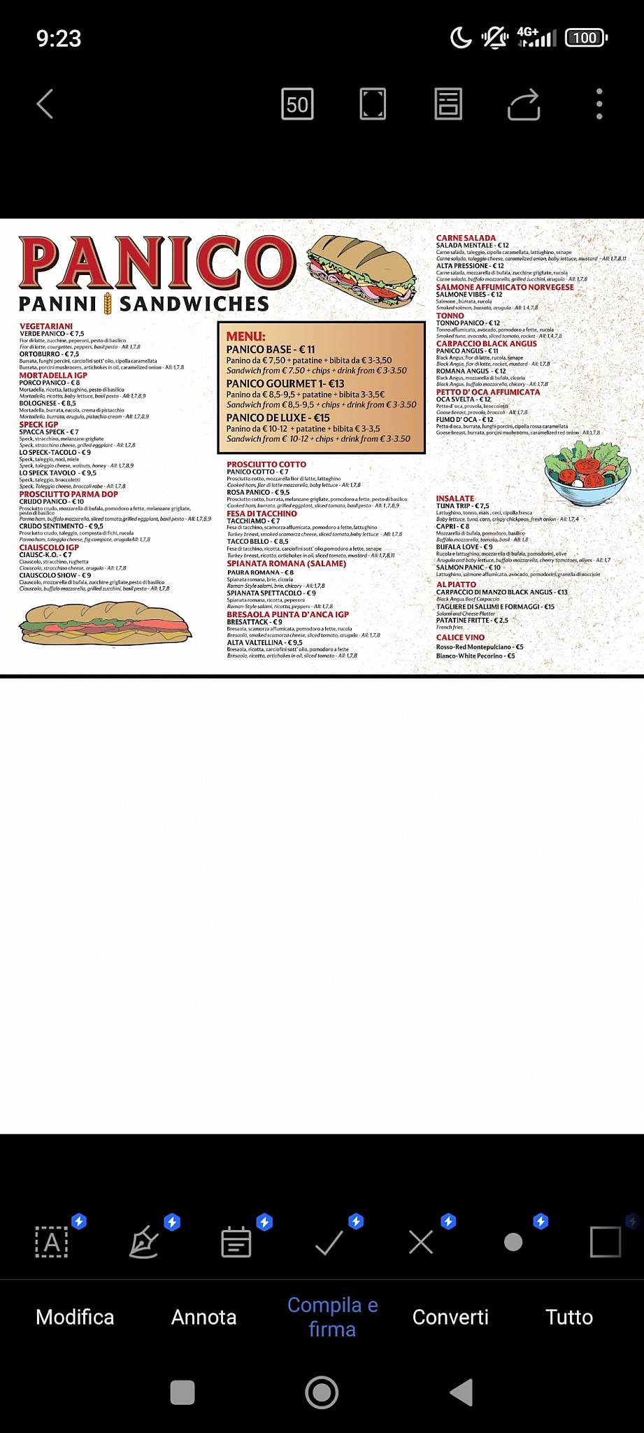 Paninoteca Panico меню