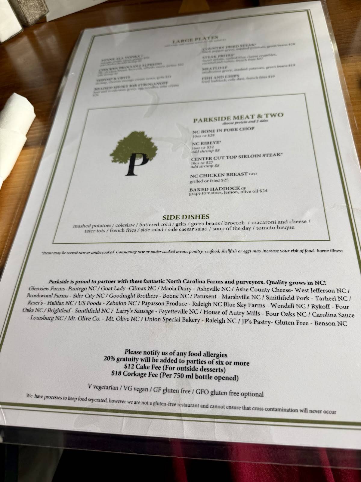 Parkside Restaurant меню