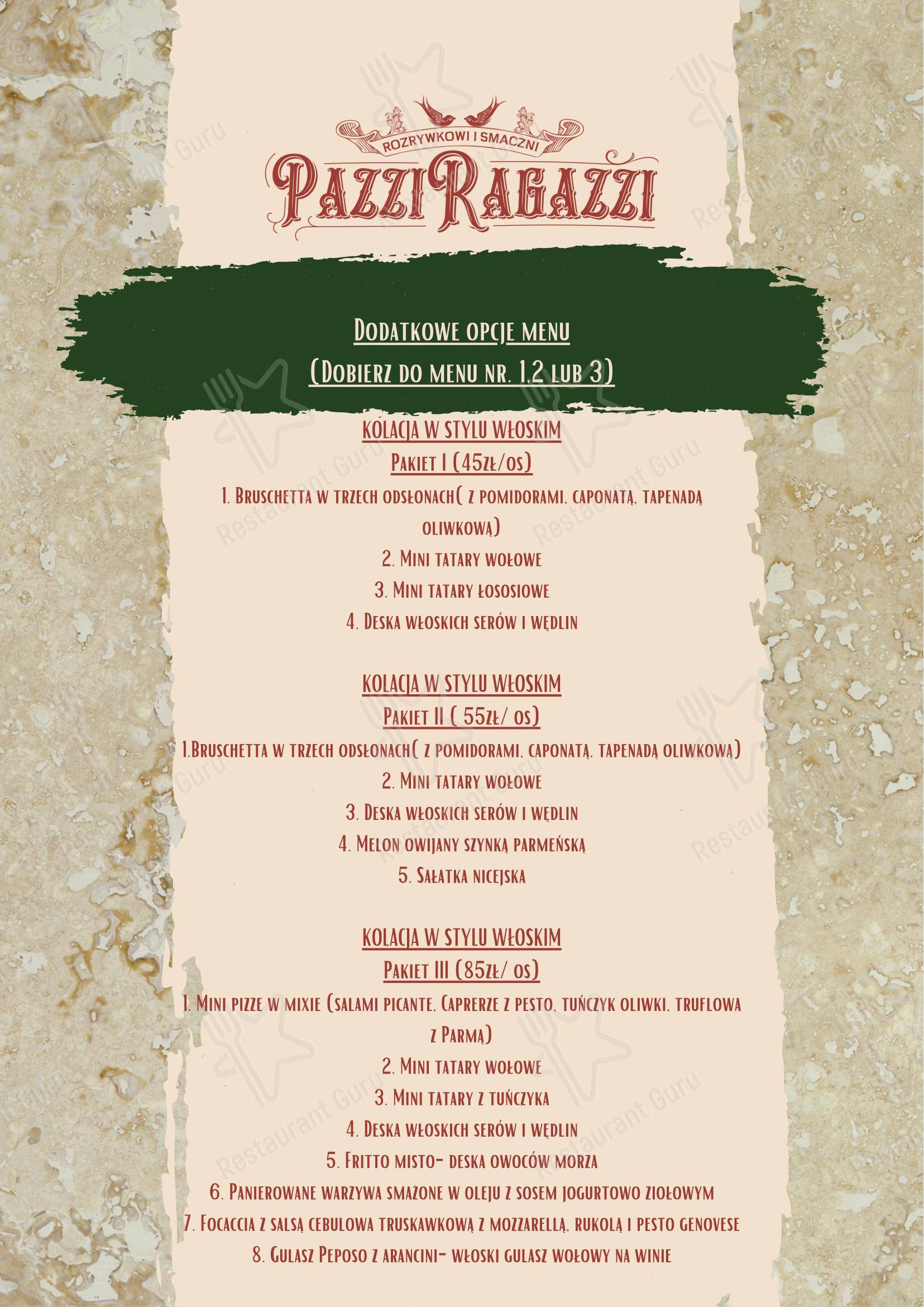 菜单 ресторана Pazzi Ragazzi Gdańsk Osowa в Гданьске