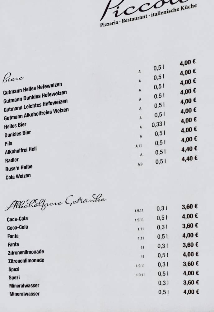 Piccolo Pizzeria Café Bar меню