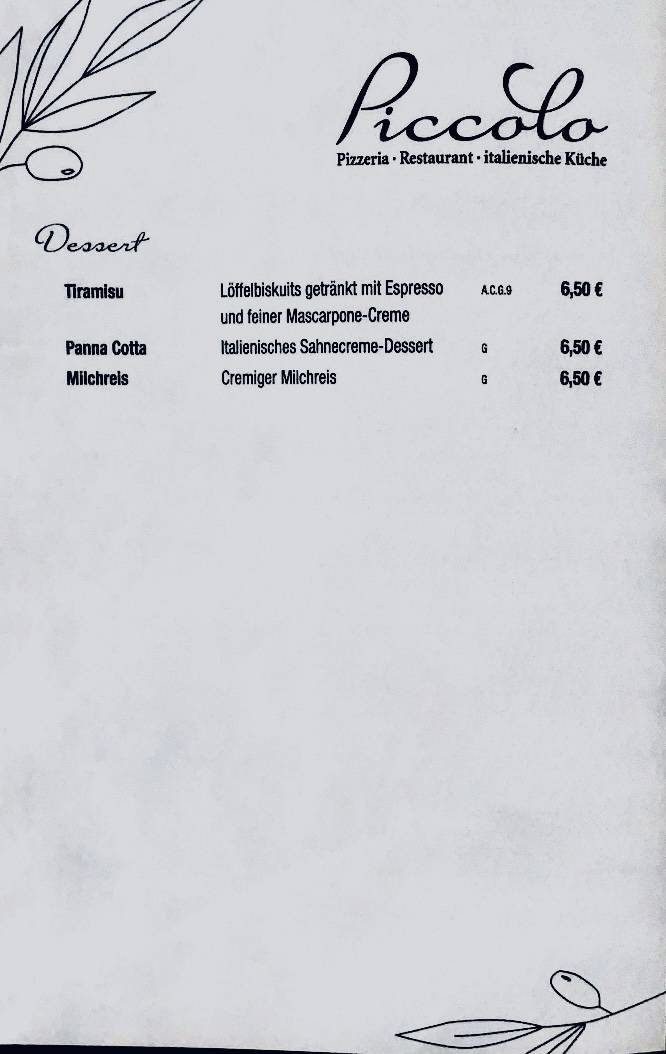 Piccolo Pizzeria Café Bar меню