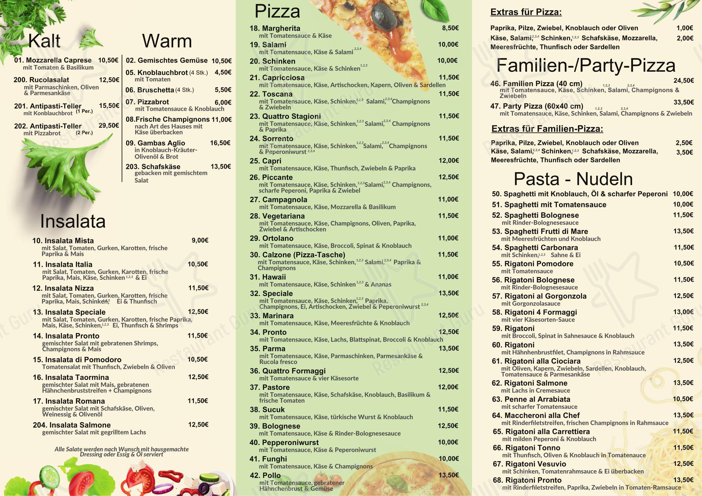 Pizzeria Pronto Usingen в Узингене - Меню