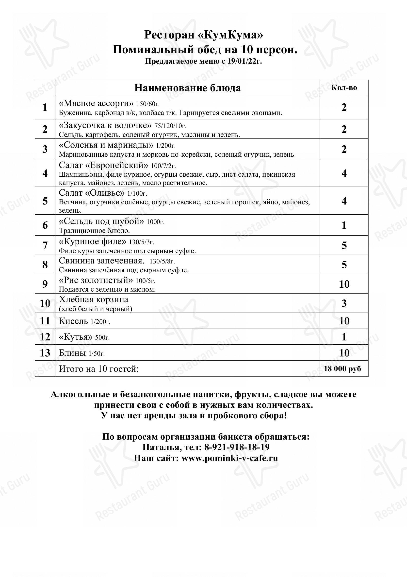 Меню для посетителей кафе Поминальная трапеза