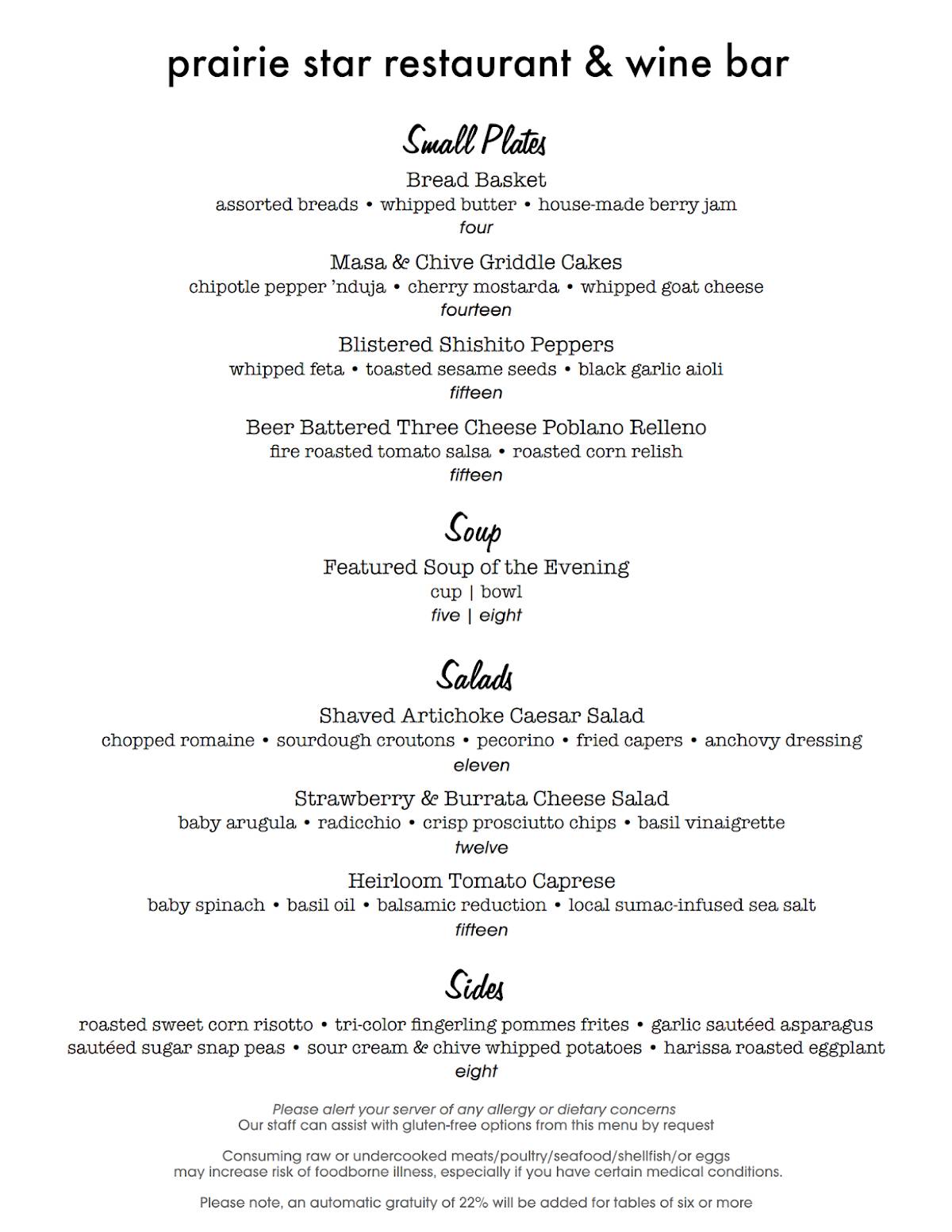 Prairie Star - Restaurant & Wine Bar меню