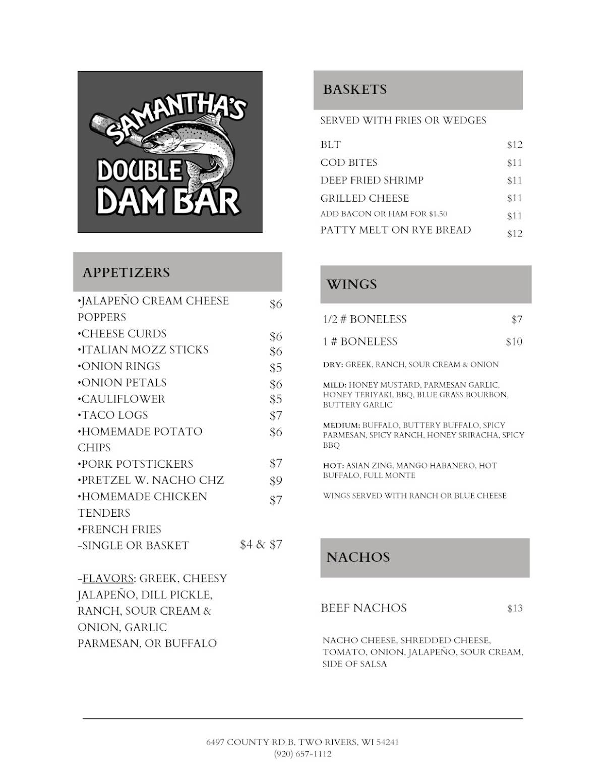 Samantha's Double Dam Bar AKA Ring Of Fire меню