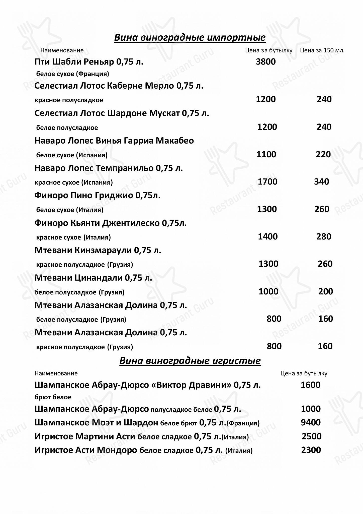 Меню ресторана Рафферти - Меню