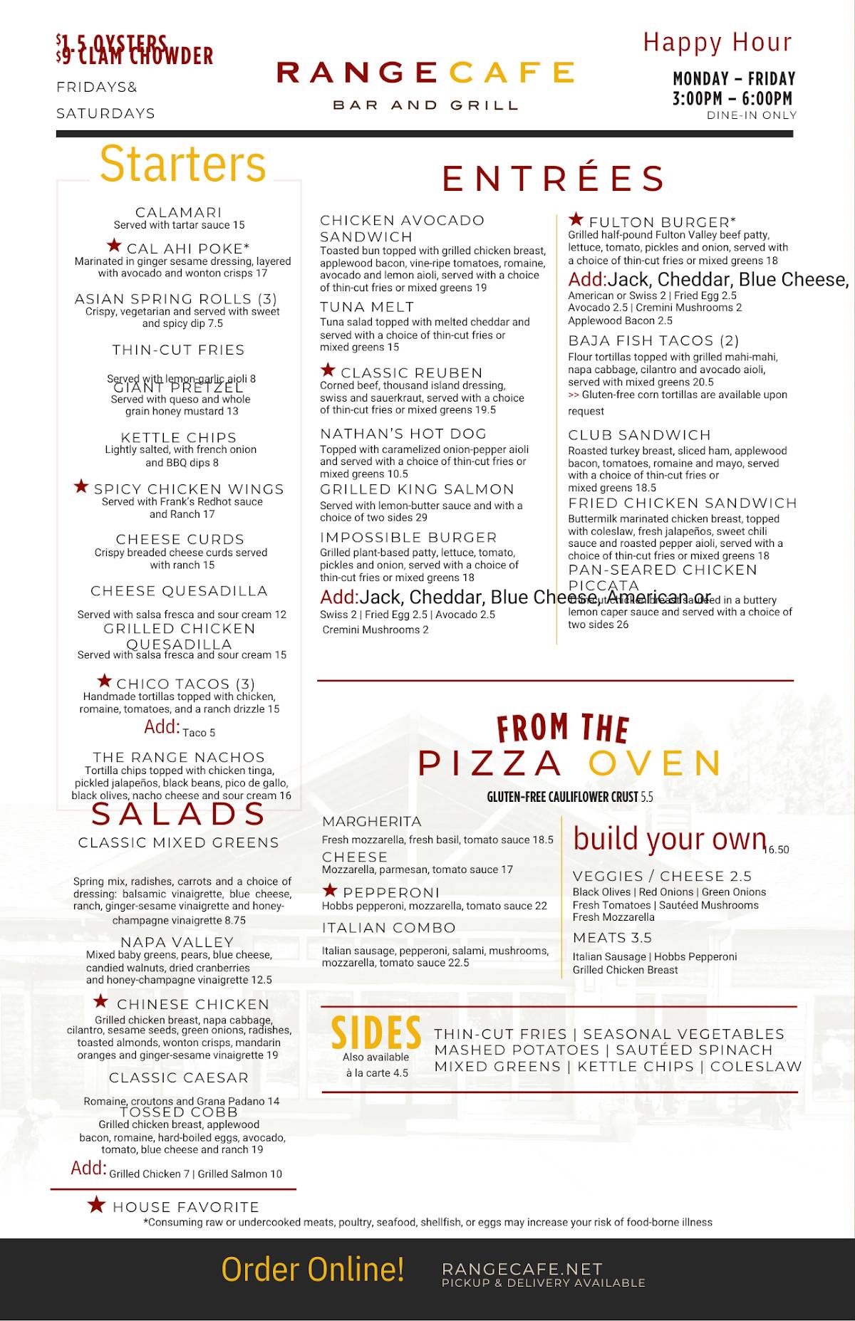 RangeCafe Bar and Grill меню