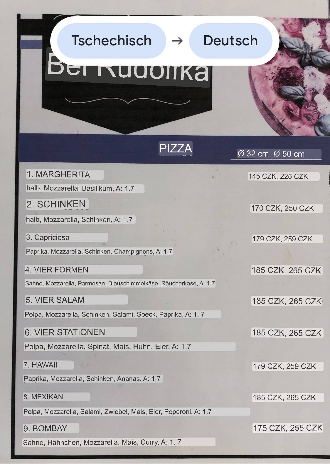 Restaurace Na Rudolfce меню