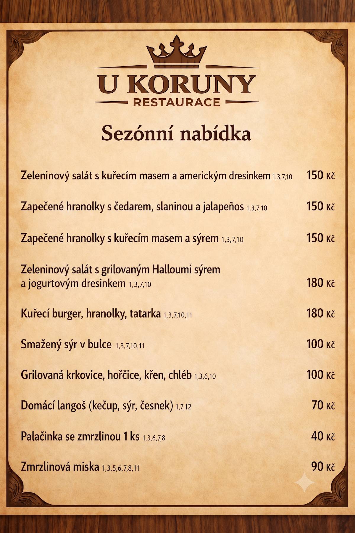 Restaurace U Koruny меню