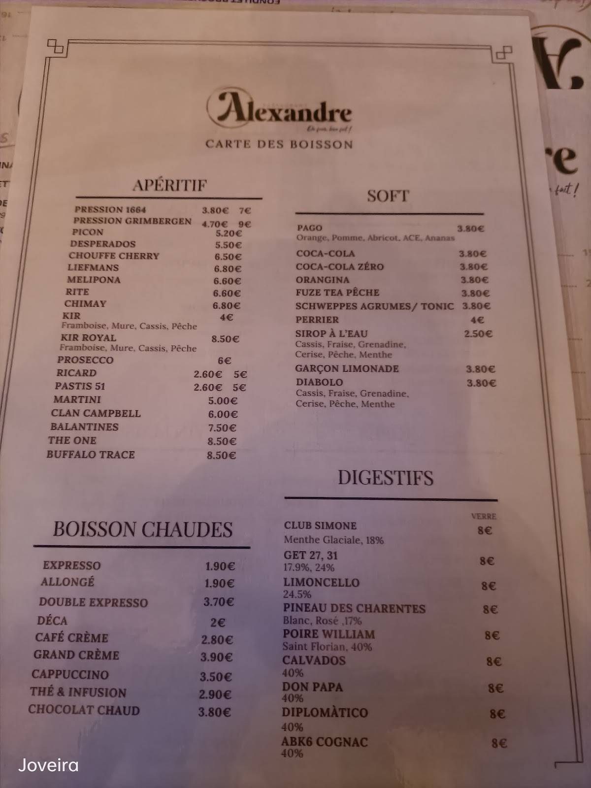 Restaurant Alexandre меню