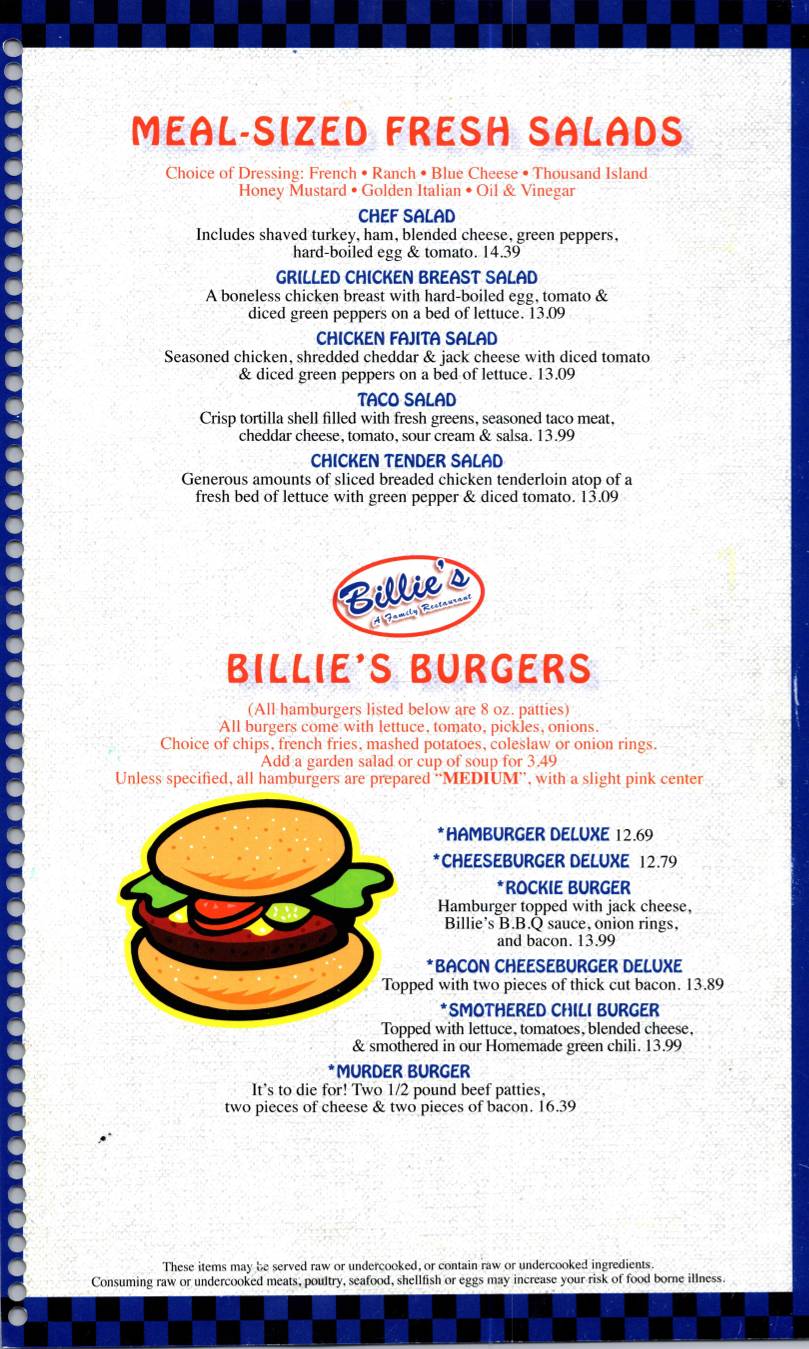 Billie's Cafe & Grill меню