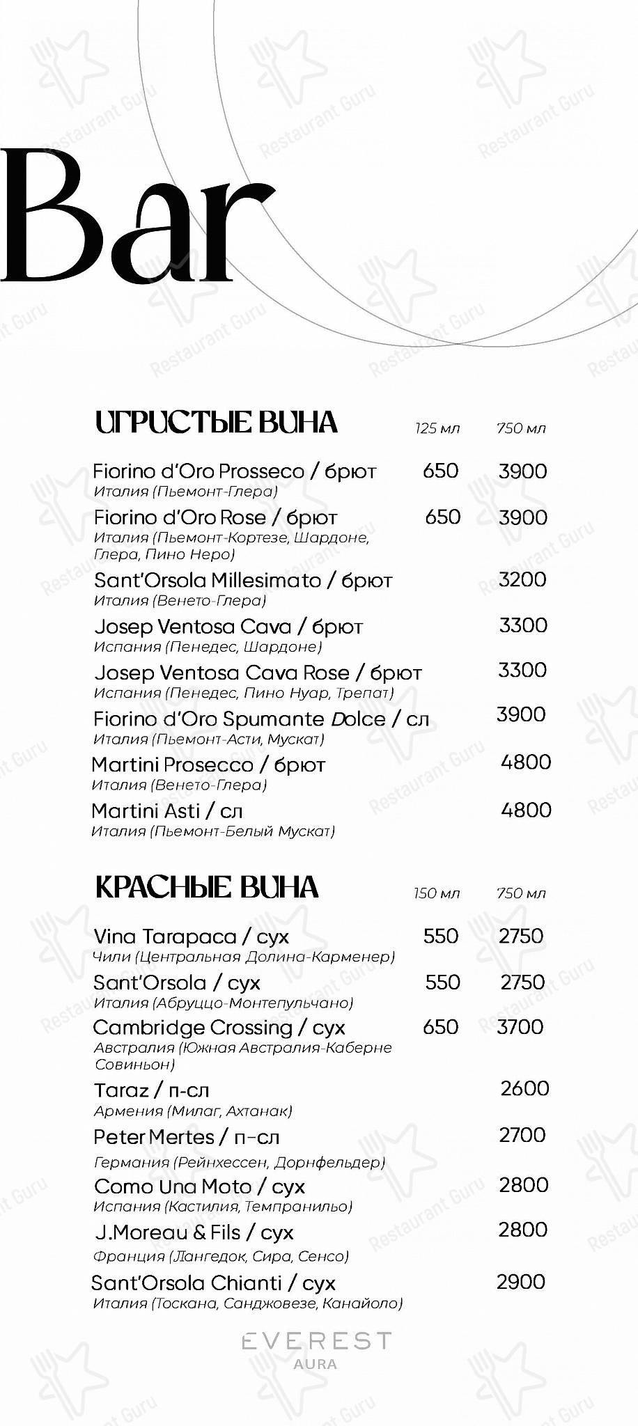 Меню ресторана Everest Aura