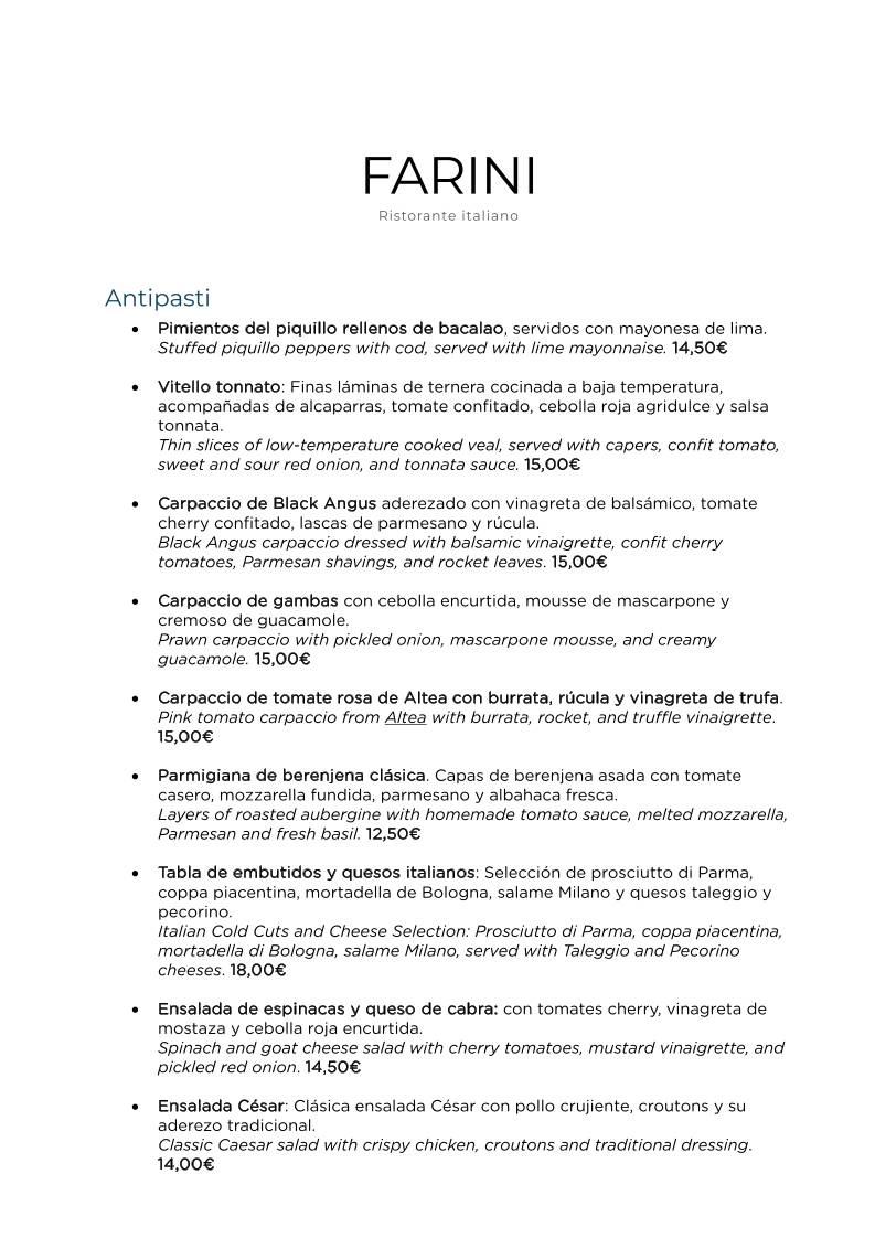 Farini Ristorante меню