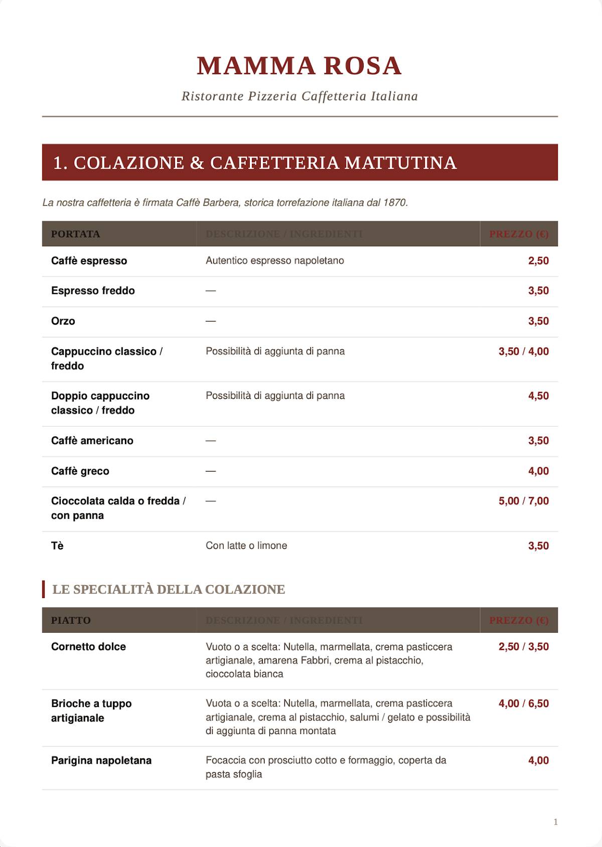 Mamma Rosa Ipsos — Ristorante Pizzeria Napoletana e cucina меню