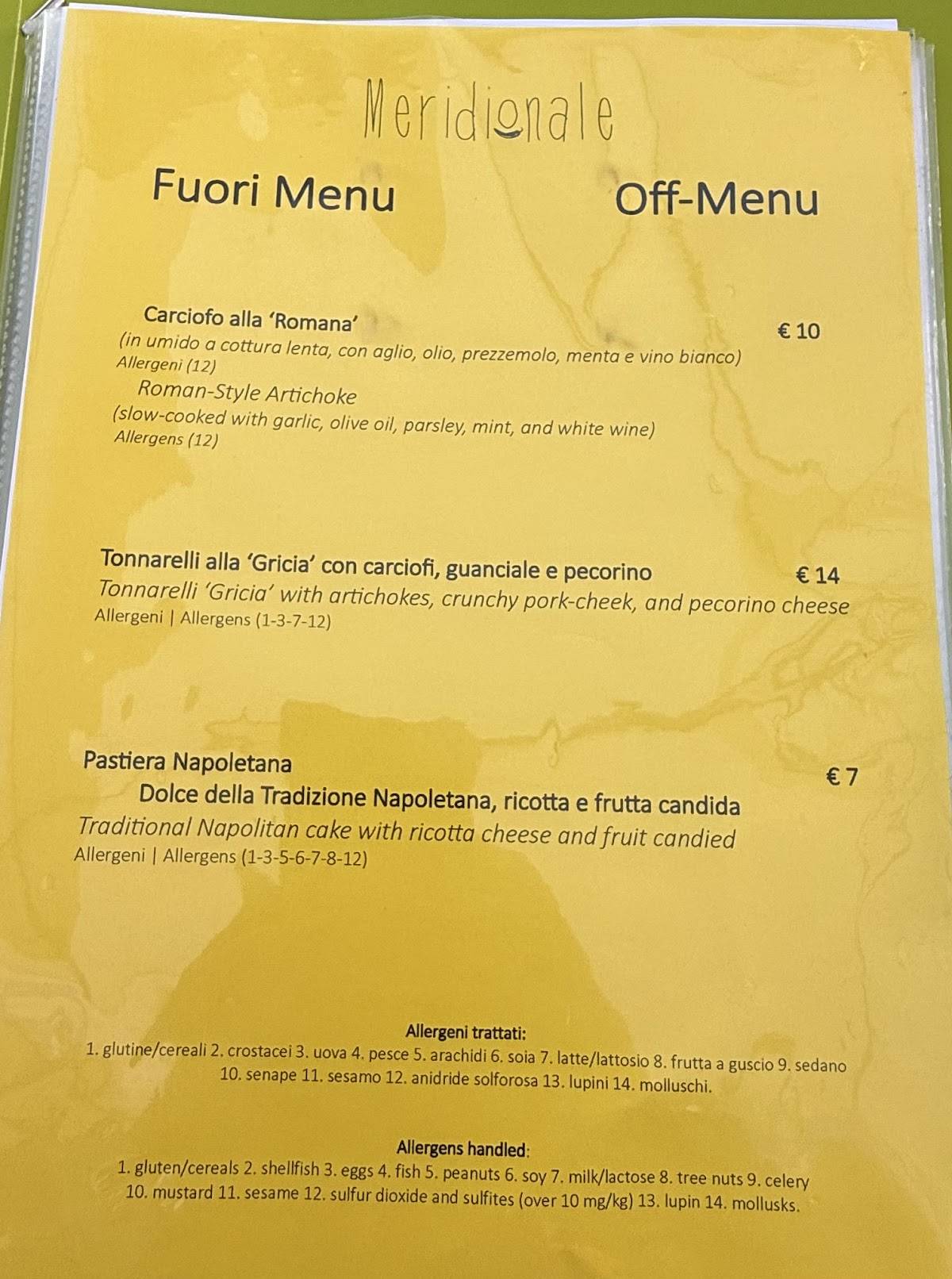 Meridionale Restaurant меню