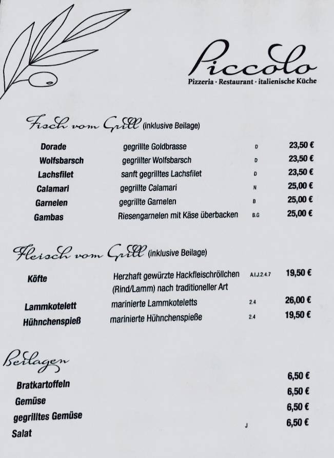 Piccolo Pizzeria Café Bar меню