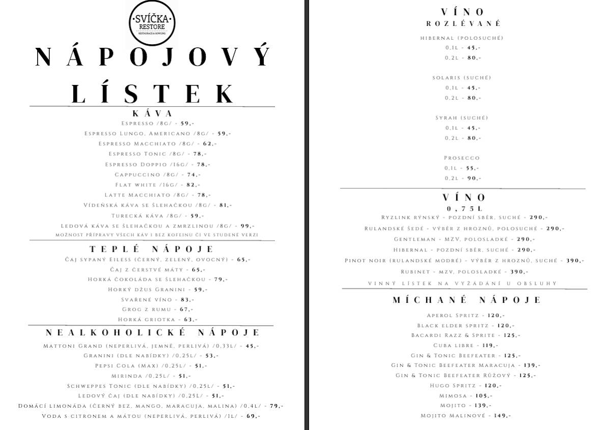 Restaurace Bowling Svíčka меню