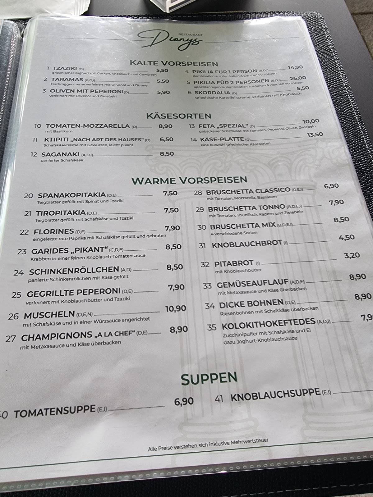 Restaurant Dionys меню