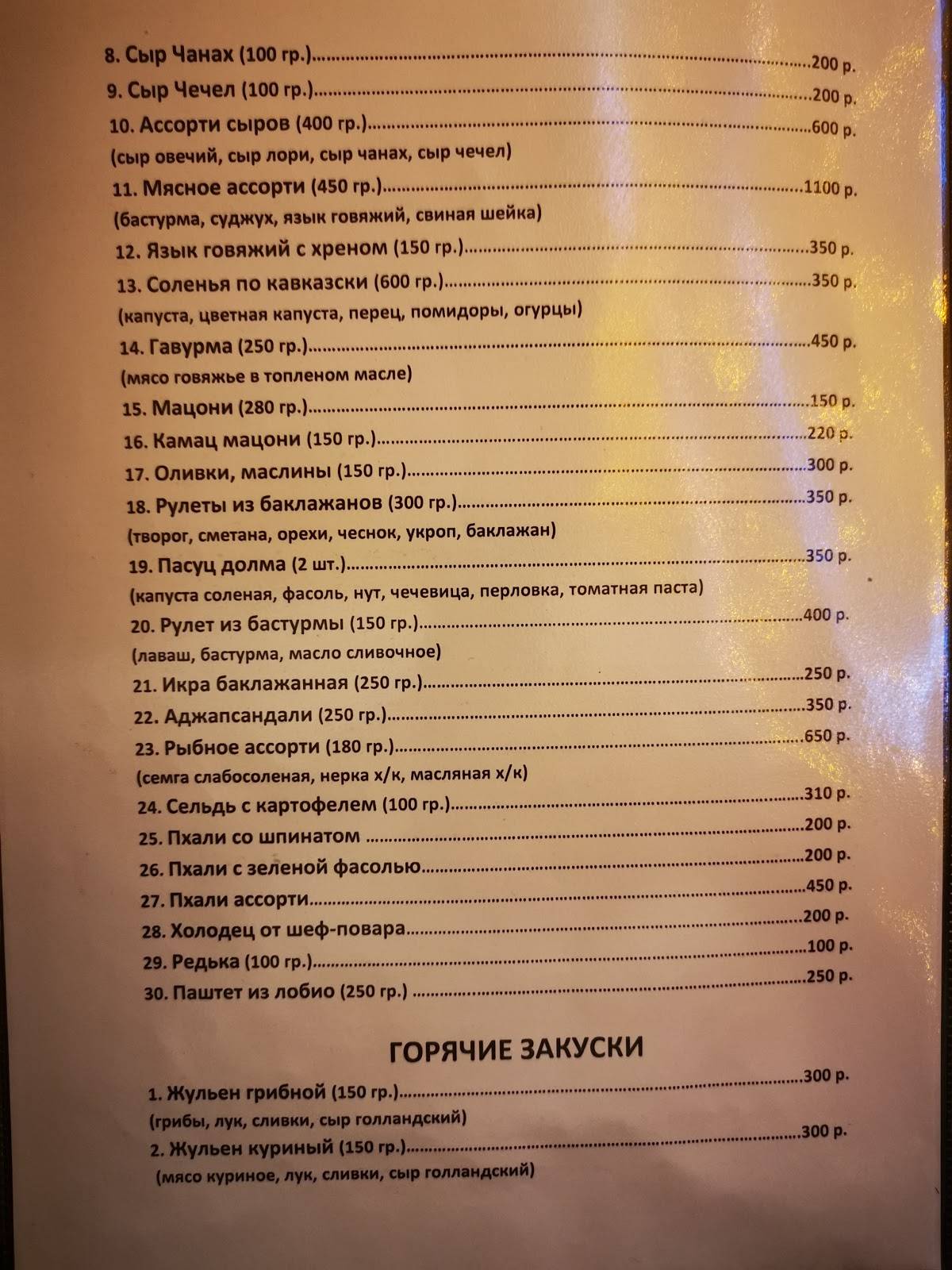 Ресторан меню