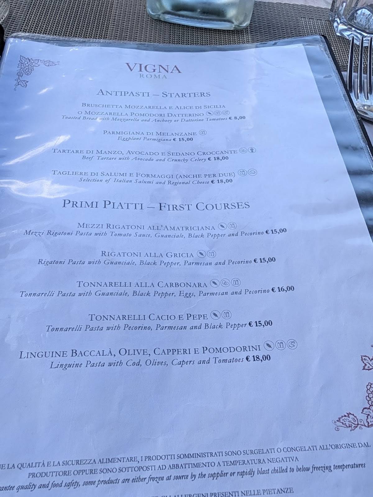 Vigna Roma меню