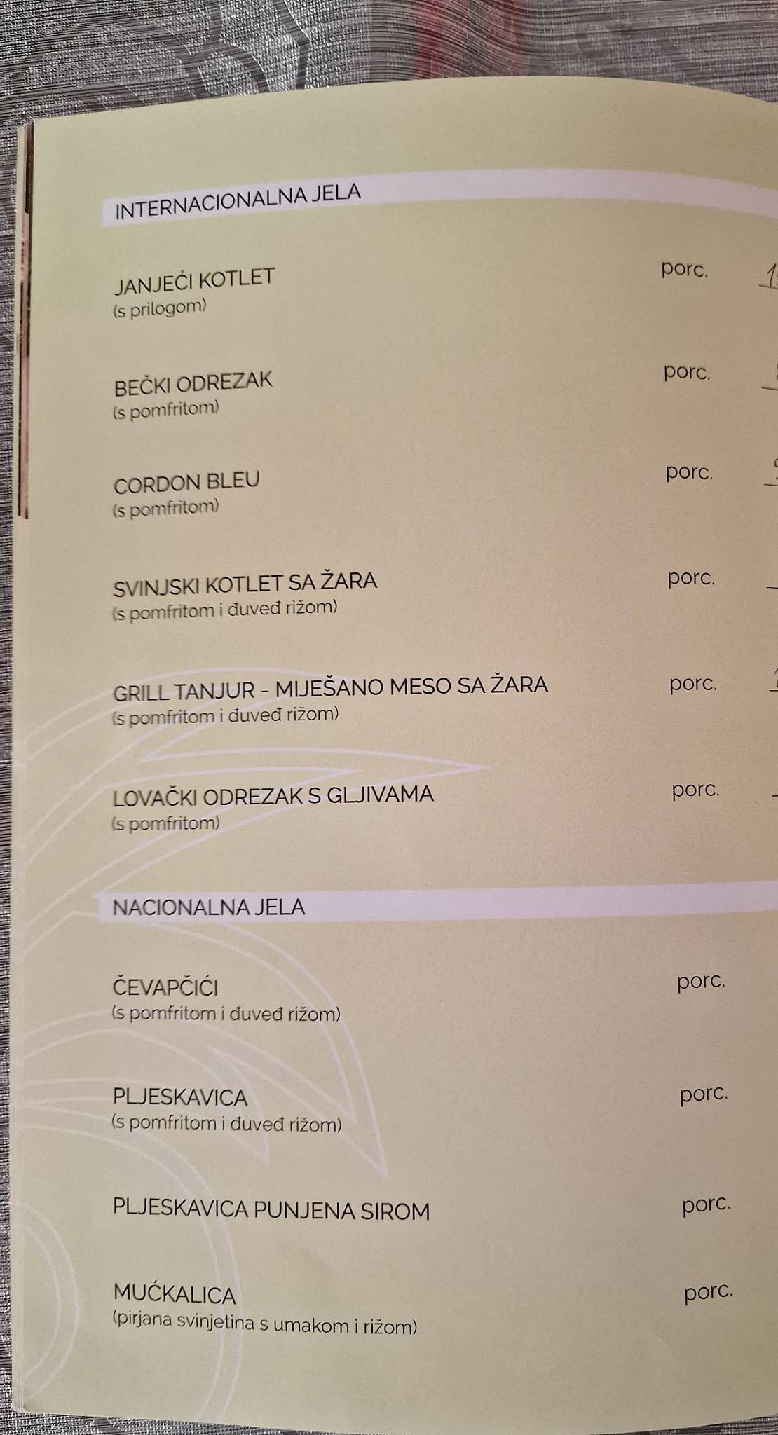 Restoran Palma меню