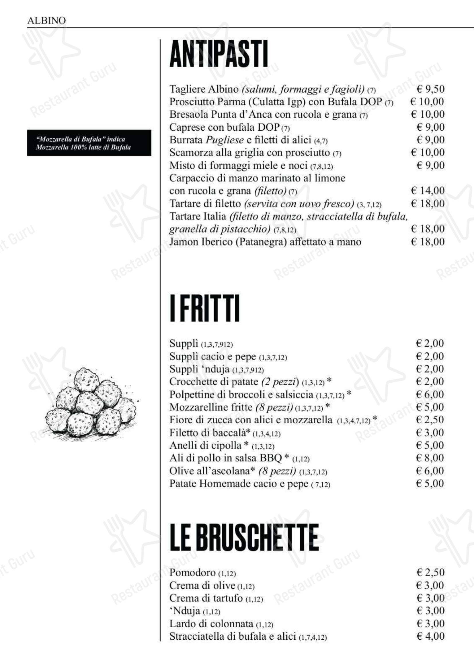 Меню напитков ресторана Ristorante Albino в Риме