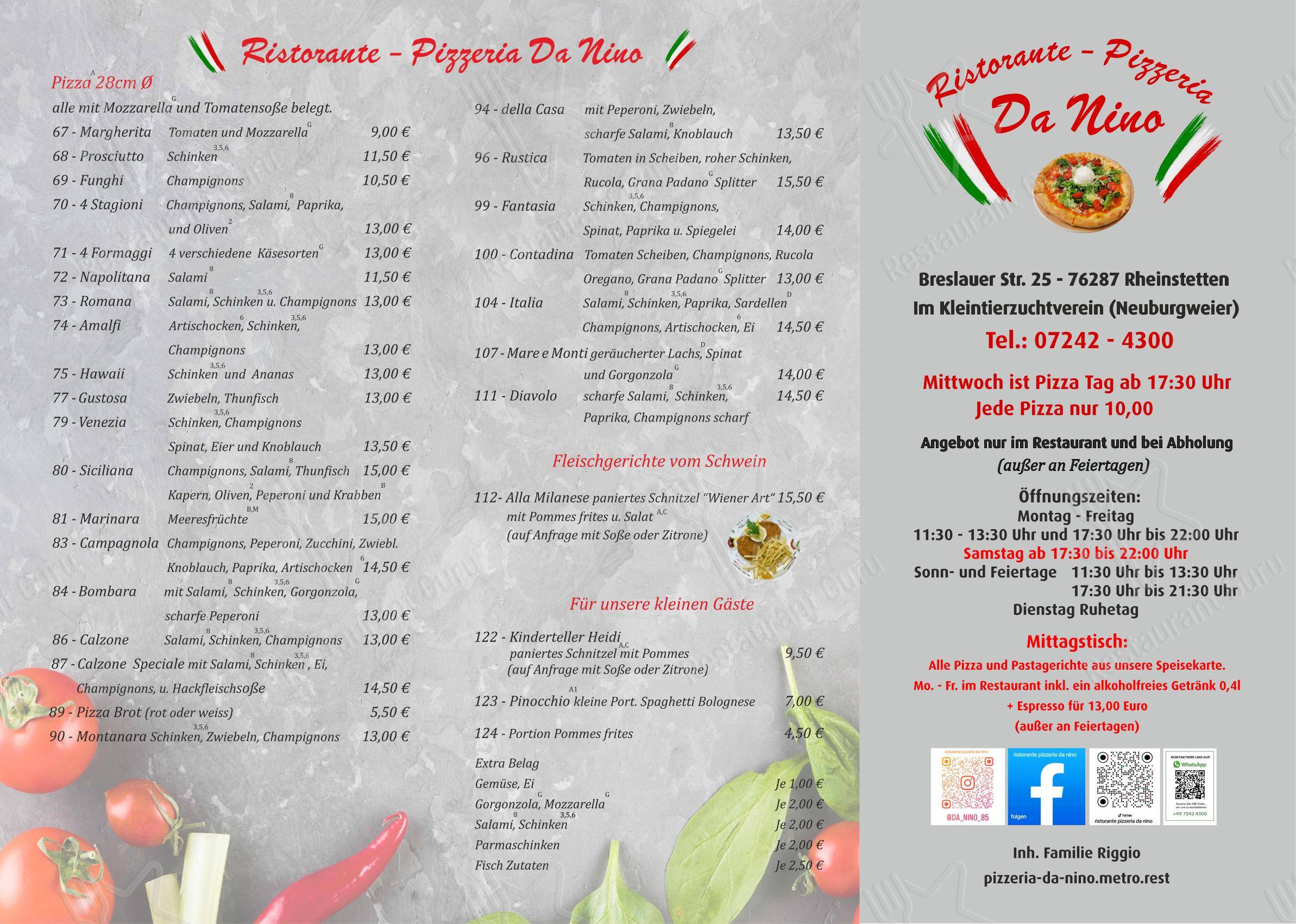 Ristorante - Pizzeria Da Nino в Райнштеттене - 菜单