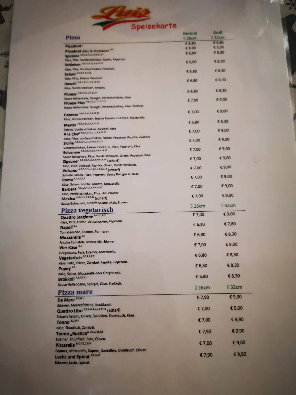 Ristorante Pizzeria Lieferservice LUIS меню