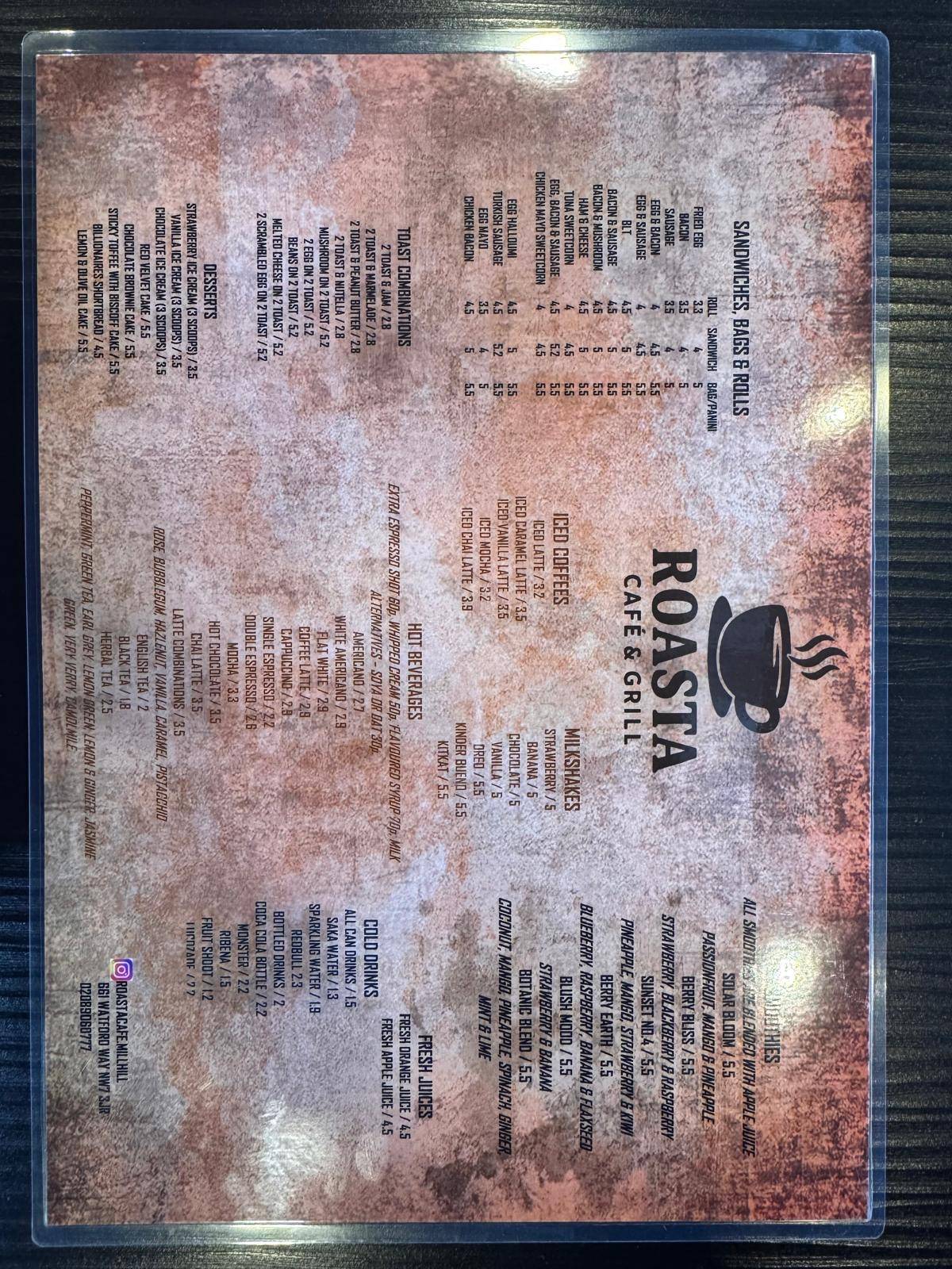 Roasta Cafe & Grill меню