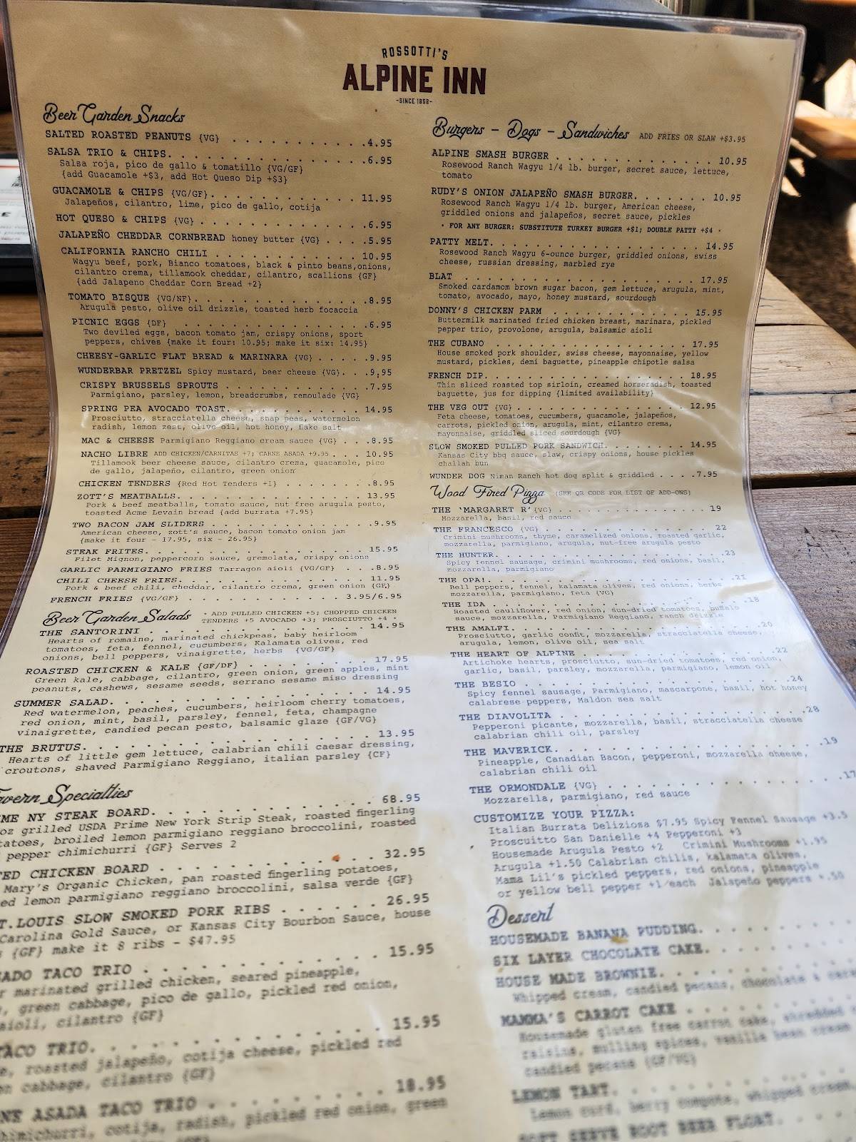 Rossotti’s Alpine Inn меню