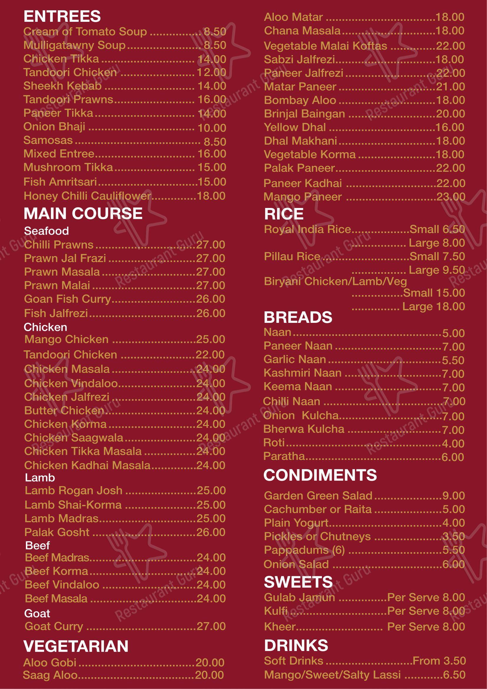 Меню ресторана Royal India Restaurant в Западе Перт