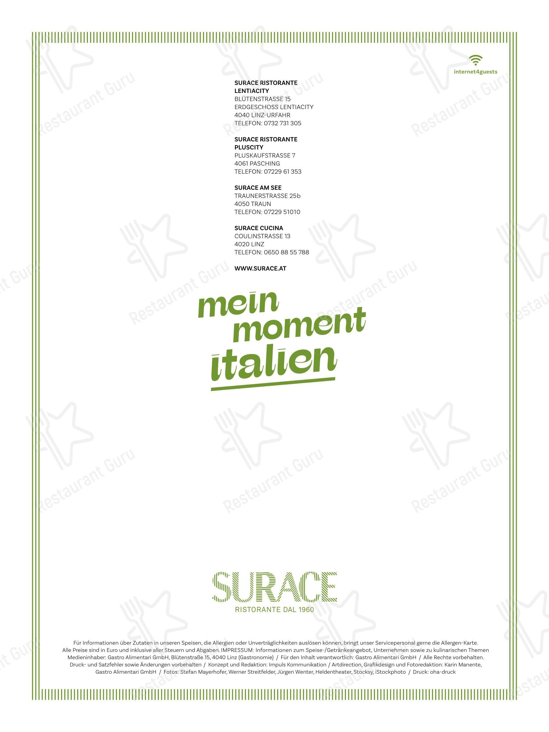 SURACE Ristorante LentiaCity в Линце - Основное меню