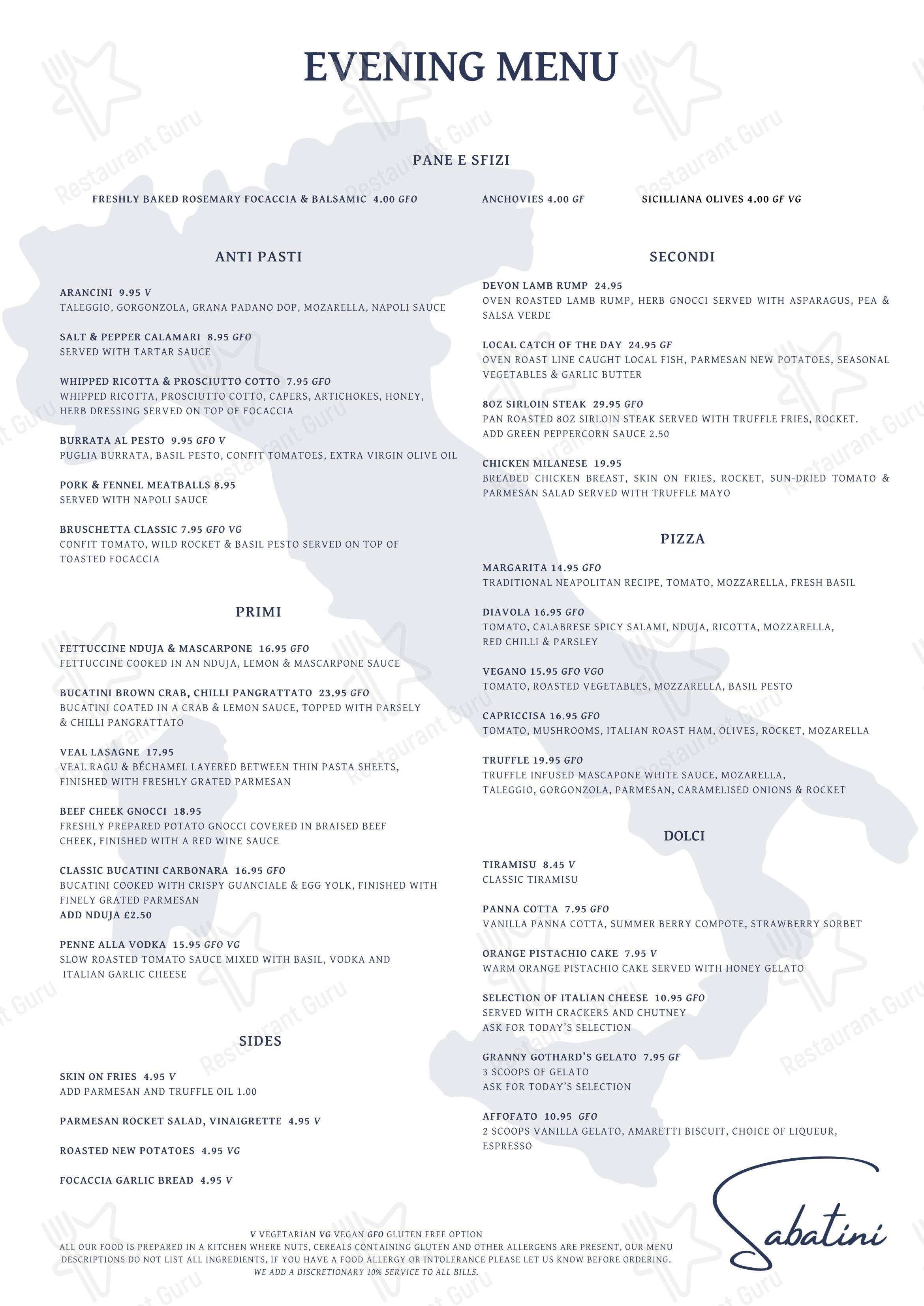 Крафт меню ресторана Sabatini Exeter в Эксетере