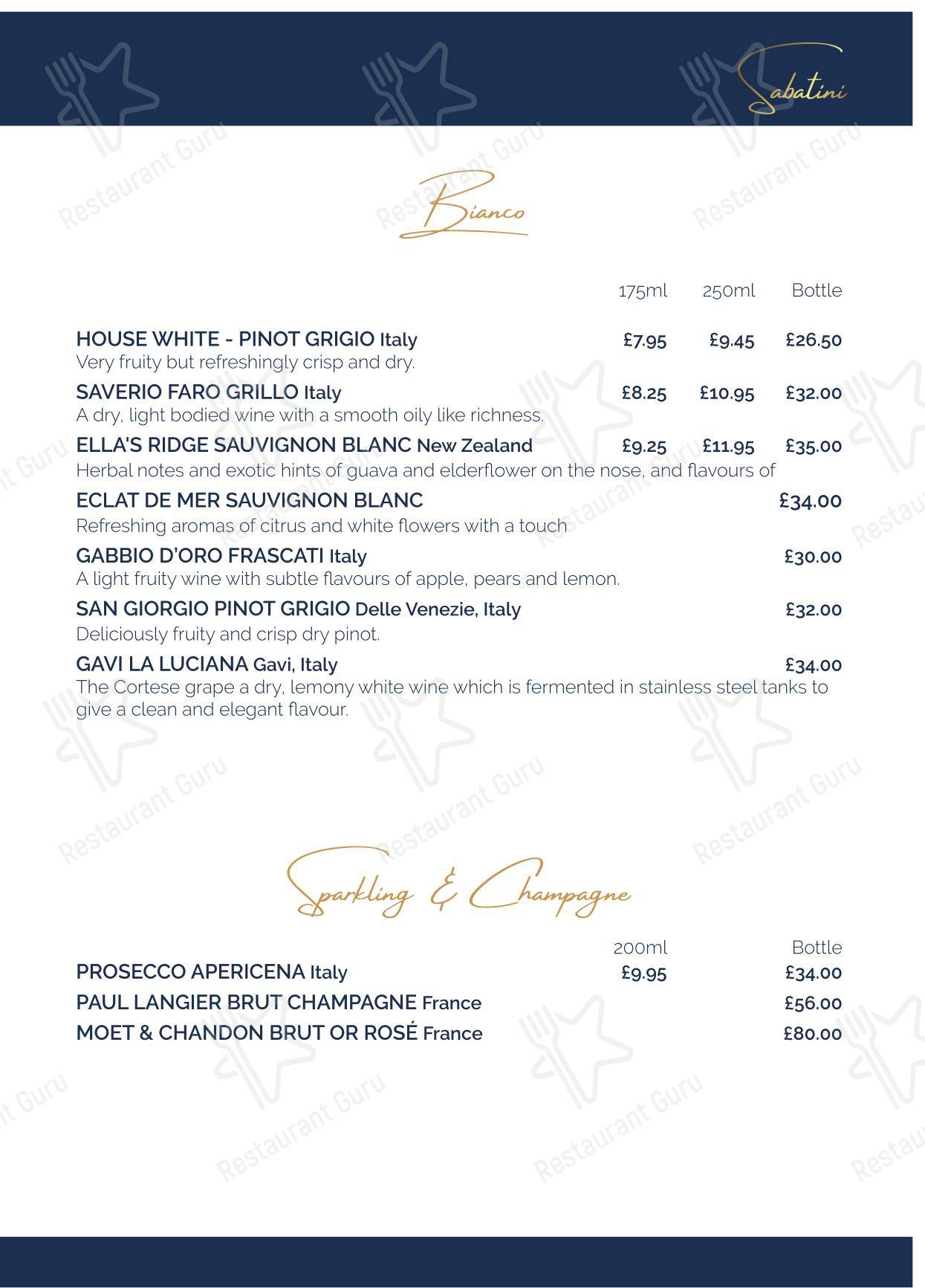 Dinner Menu ресторана Sabatini Exeter