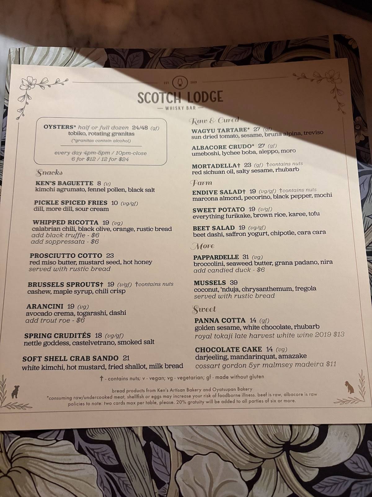Scotch Lodge меню